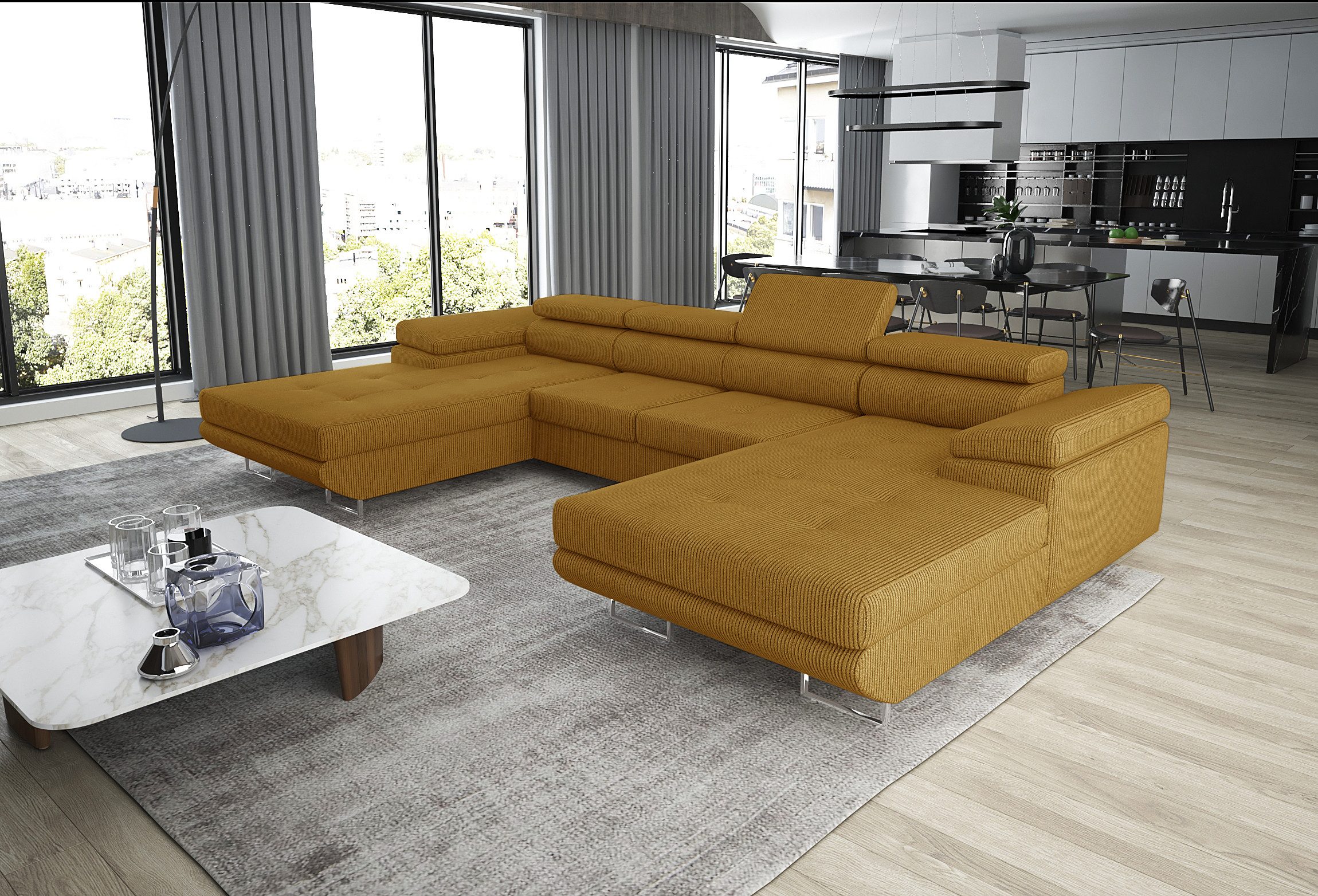 thematys Ecksofa ALVARO U 355 x 162cm mit Schlaffunktion & Bettkasten –, U-Sofa mit 4 verstellbaren Kopfstützen, Samt (Monolotith), oder Cord (Poso) - U-Form, XL-Wohnlandschaft, 355 cm breit