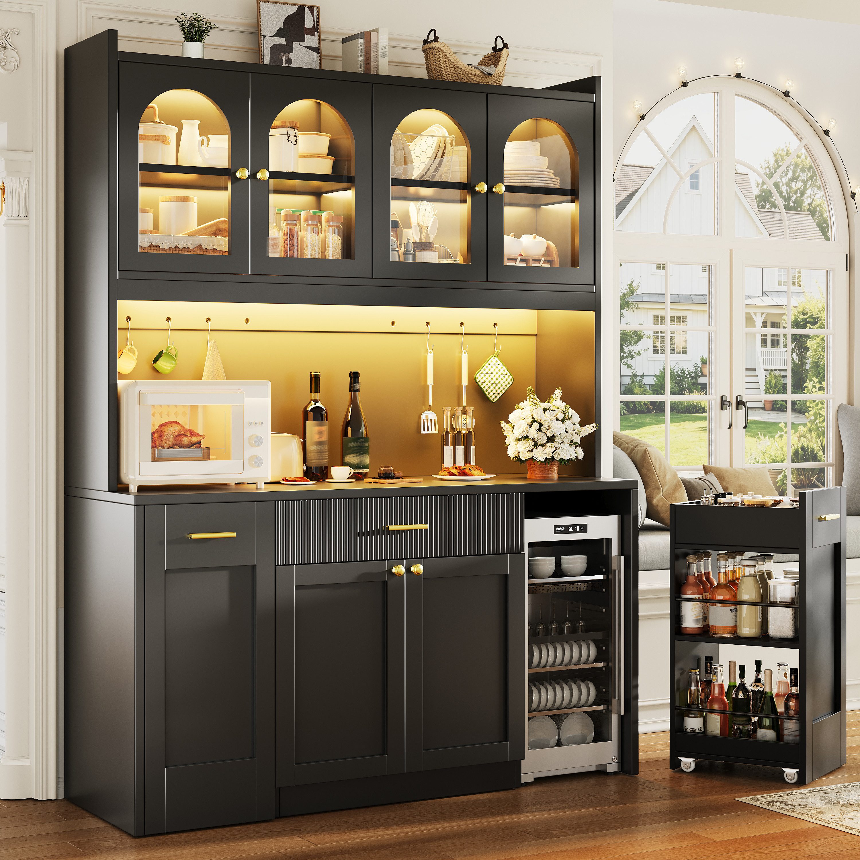 Flieks Küchenbuffet Hochschrankmit LED-Beleuchtung, 4 Glastüren, beidseitigen Roll-Ablagen (B120/T40/H187 cm, 1-St) Küchenschrank Glasvitrine mit verstellbarer Ablagen Schwarz Modern