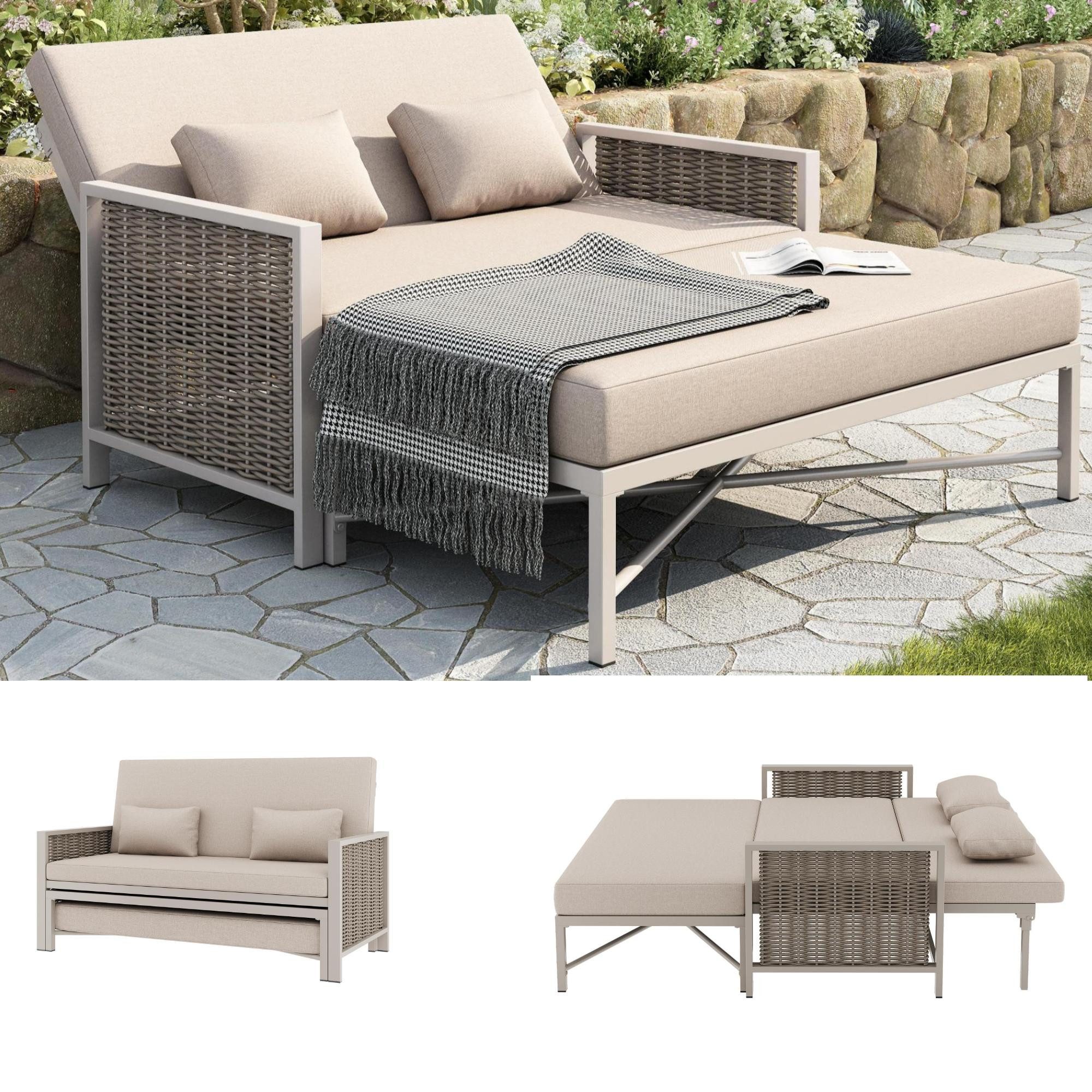 LVHOM Gartensofa Ausziehsofa mit Liegefunktion,3-in-1 Sofa-Bett,0-65°Rückenlehne, Zwei Zierkissen, erhältlich in Sofa-, Halbliege- und Liegeposition,handgeflochtenes Seil, rutschfestes Design, rostfreier Metallrahmen, bis zu 150kg, Ideal für Balkone, Terrassen, Gärten und Poolbereiche