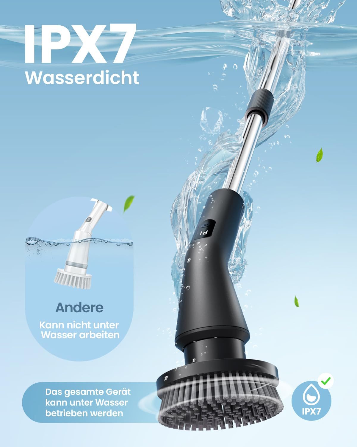 AIBISTAR Elektro-Oberflächenbürste Elektrische Reinigungsbürste, 7 Aufsätze, 2 Stufen, IPX7, Reinigungsbürsten-Set, Teleskopgriff,wasserdicht,Ideal für Bad, Boden, Küche & Auto