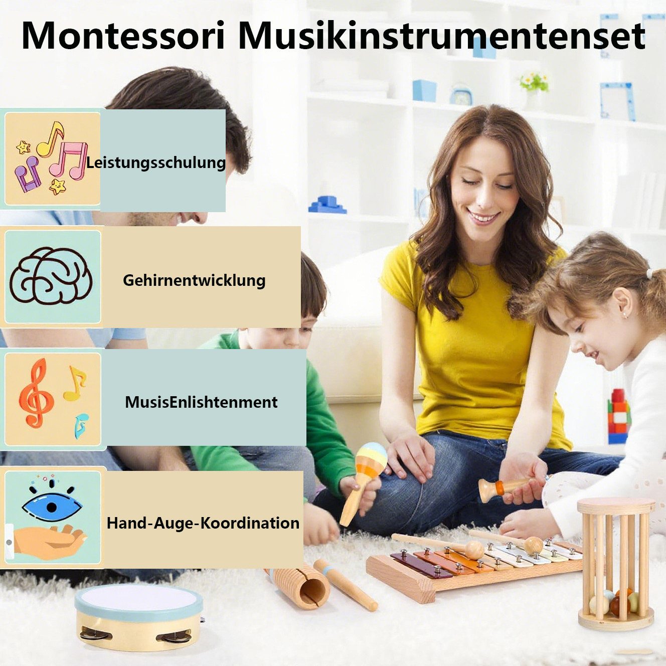 CLTYQ Spielzeug-Musikinstrument Baby Musikinstrumente Montessori-Holzspielzeug 12 PCS, Kinderspielzeug Ab 3 Jahre, Percussion-Instrumente Set mit Xylophon
