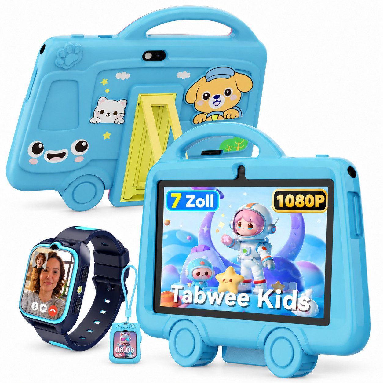 TABWEE 7 Zoll Kinder Tablet IPS HD Display mit Kinderuhr WiFi Tablet (7", 32 GB, laute Lautsprecher, 3000 mAh, ungiftige Hülle, für Kinder 3-8 Jahre)