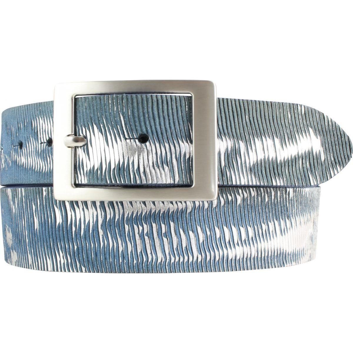 Vollrindleder Silber Herren-Gürtel Metall-Optik mit Doppel-Schließe Blau, aus 4 BELTINGER cm Ledergürtel