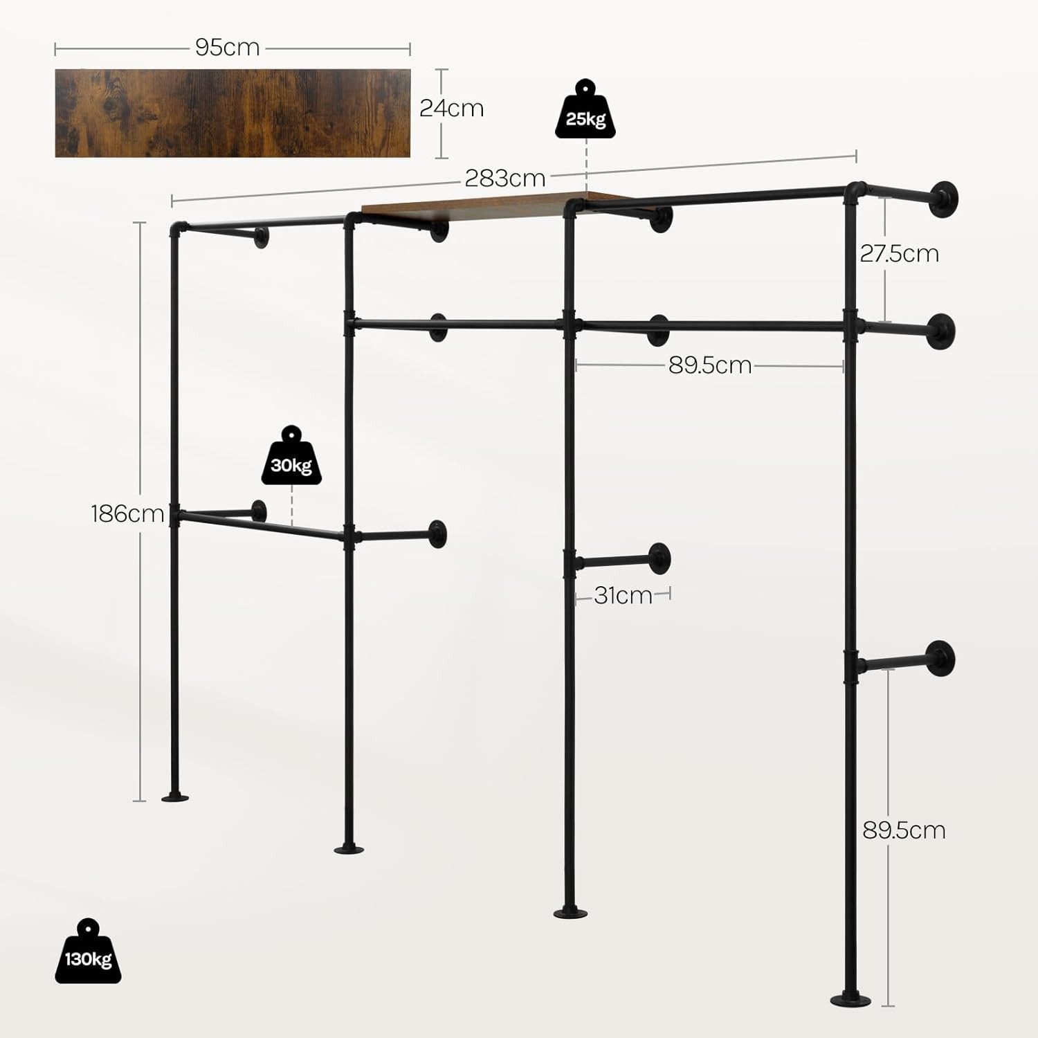 Woltu Kleiderständer, Garderobenständer offen, Wandmontage, Schwarz + Vintagebraun