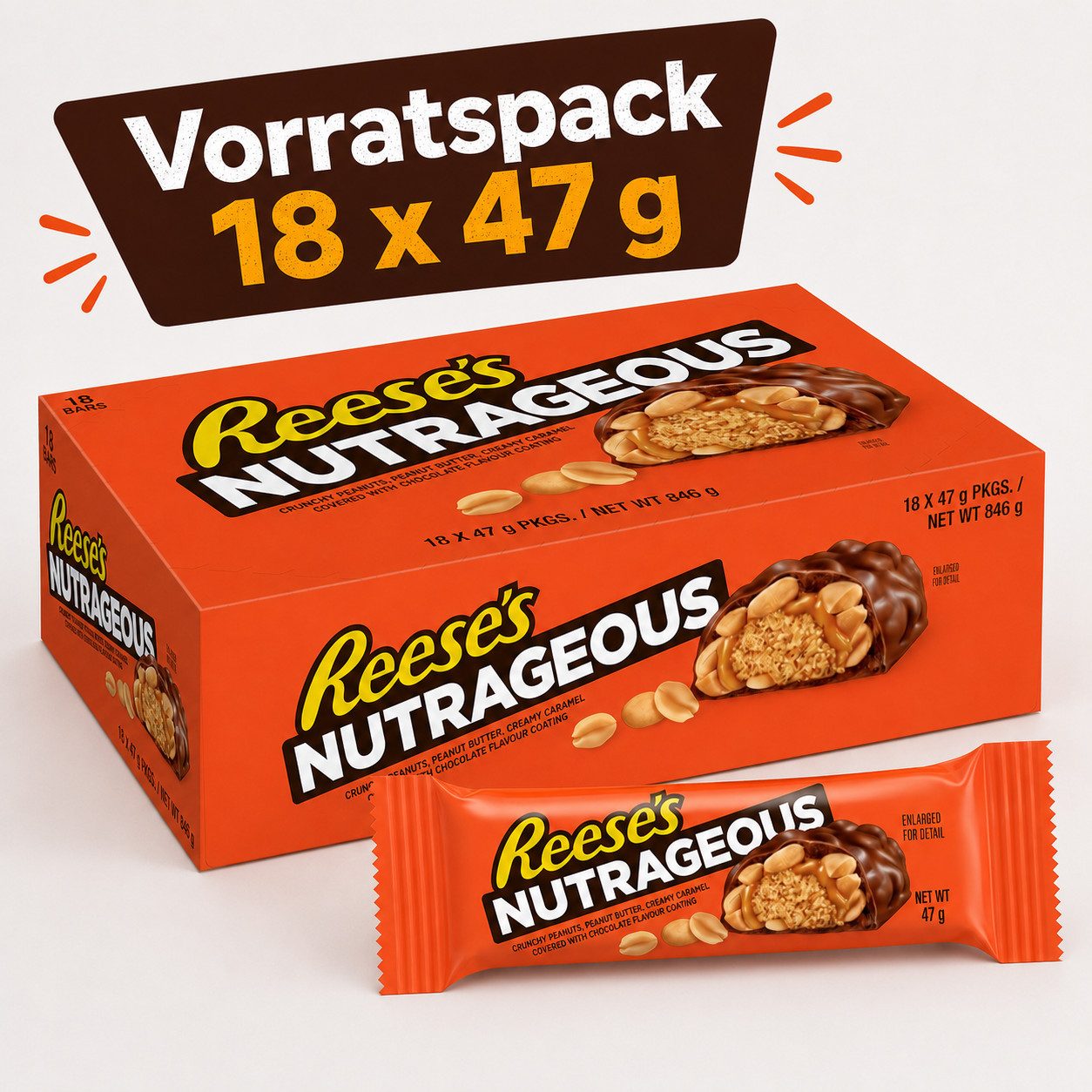 Candy & Bar Süßigkeit Reese’s Nutrageous 18 × 47 g – Schoko-Erdnussbutter-Riegel