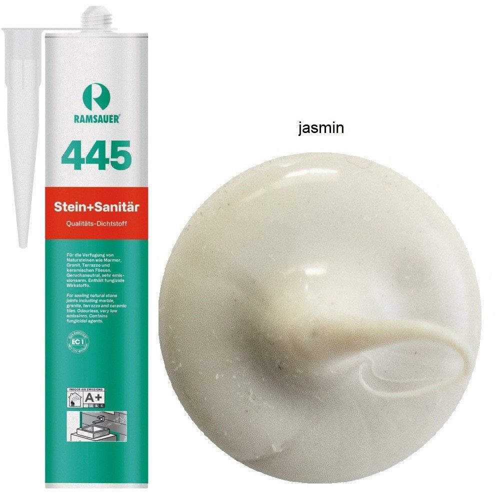 Ramsauer Dichtstoff Ramsauer 445 Stein und Sanitär 1K Silikon Dichtstoff 310ml Kartusche, gebrauchsfertig, geruchsneutral, keine Randzonenverschmutzung