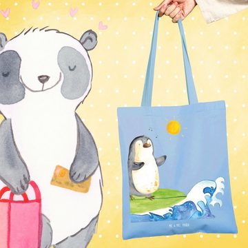 Mr. & Mrs. Panda Tragetasche Pinguin Surfer - Sky Blue - Geschenk, surfen, Einkaufstasche, Jutebeu (1-tlg), Lange Tragegriffe