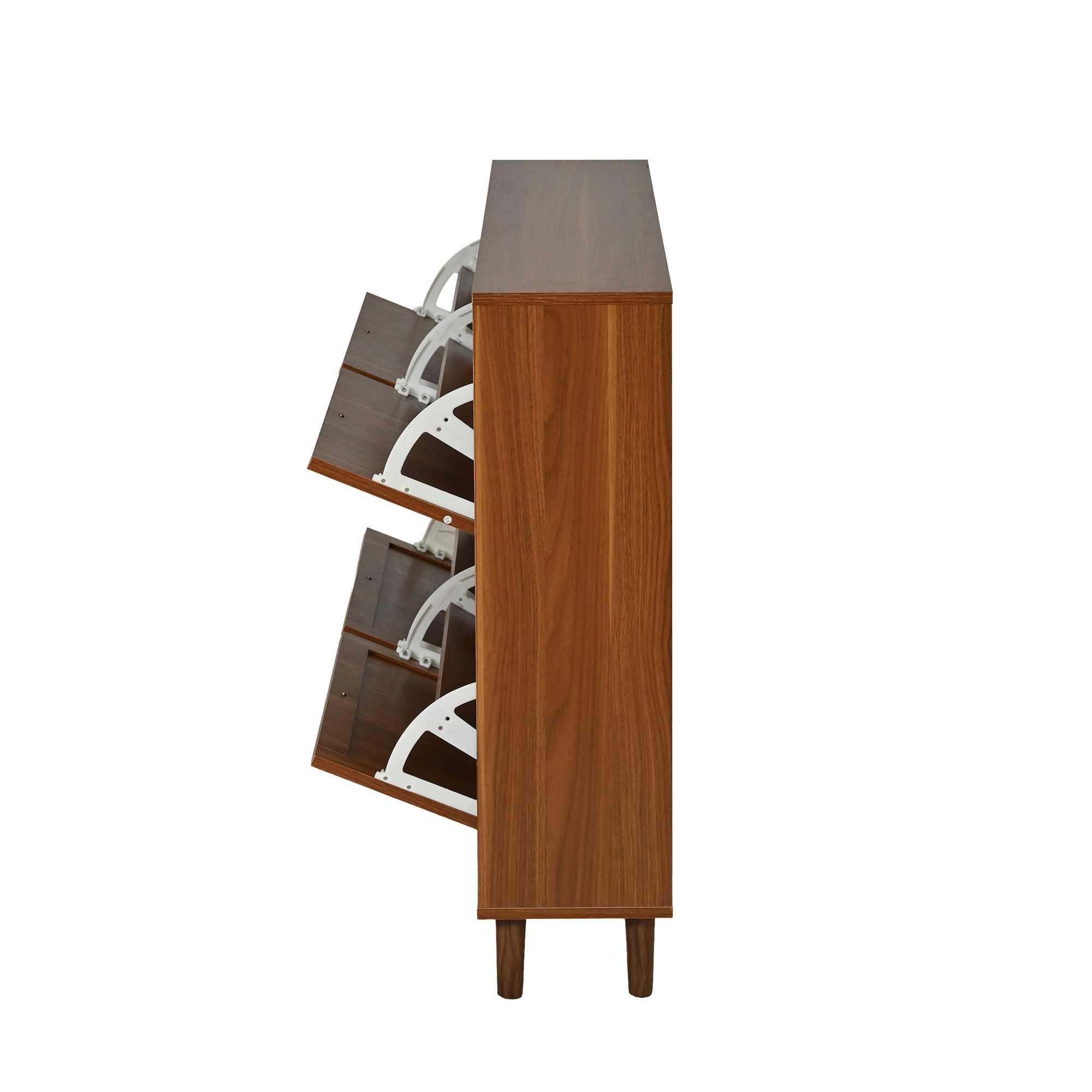 Merax Schuhschrank in Walnussholz-Optik (Schuhregal Schuhaufbewahrung für Eingangsbereich, 1-St) Schuhkommode mit 4 Kipptüren, 8 Fächern & Stauraum, 120x24x90cm