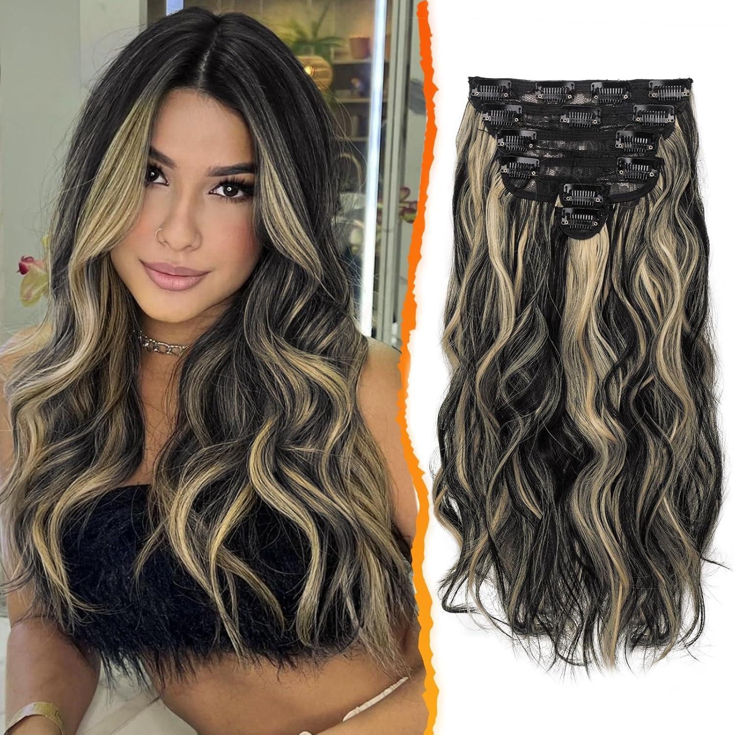 Kunsthaar-Extension 40cm Highlight Wellige Clip in Extensions 6PCs Schwarz mit Natürlichem