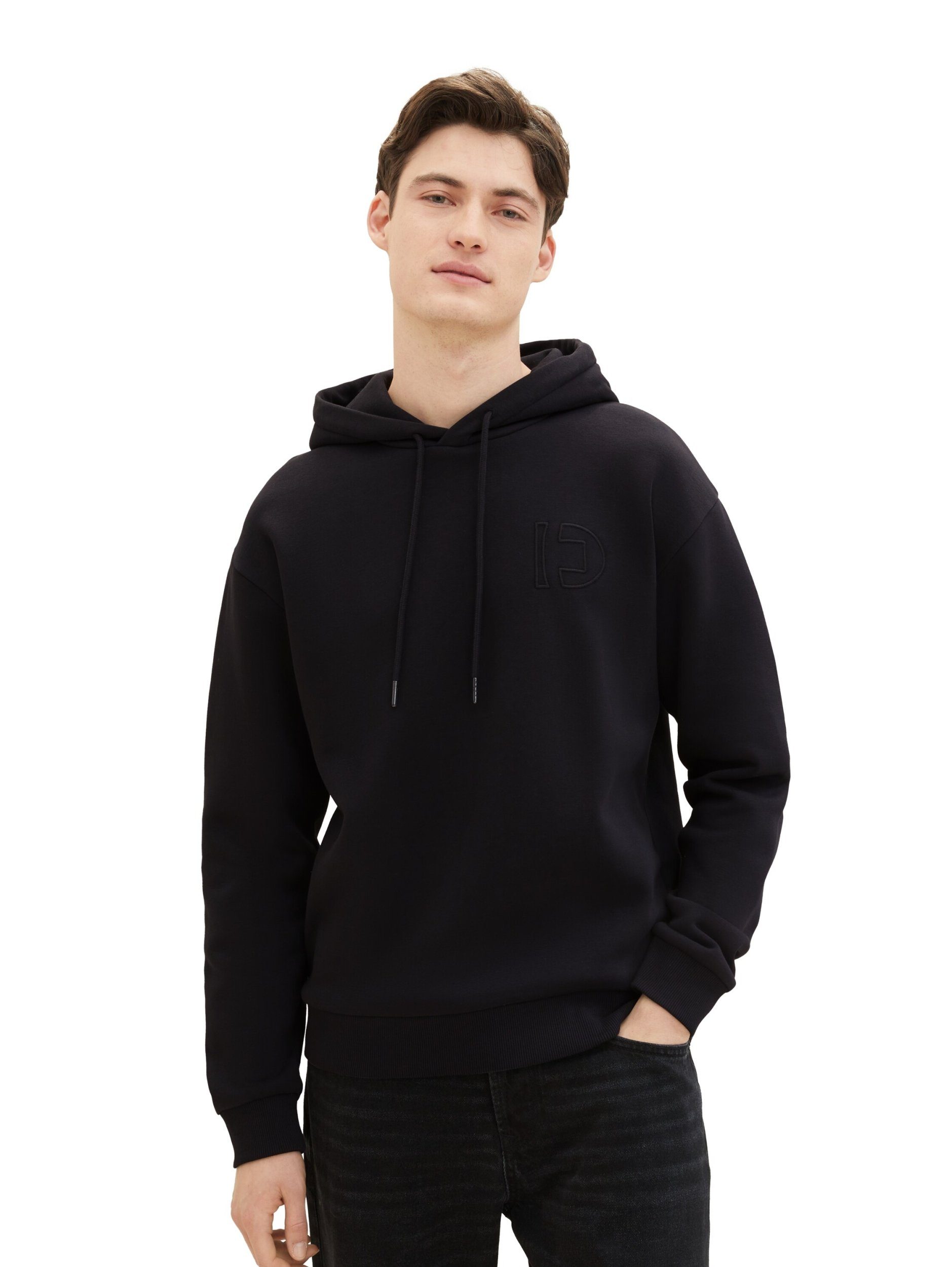 Black Sweatshirt TOM TAILOR with hoodie embroidery Denim