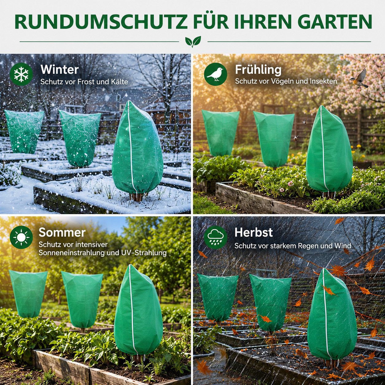 BlingBin Winterschutzhaube 5 Stück Pflanzenschutznetz mit Reißverschluss Zugband Vogelgartennetz (5er Set, 5-St., 80cm*100cm, Vlies 75 g/m², Atmungsaktiv), Wint – Bild 4 von 5