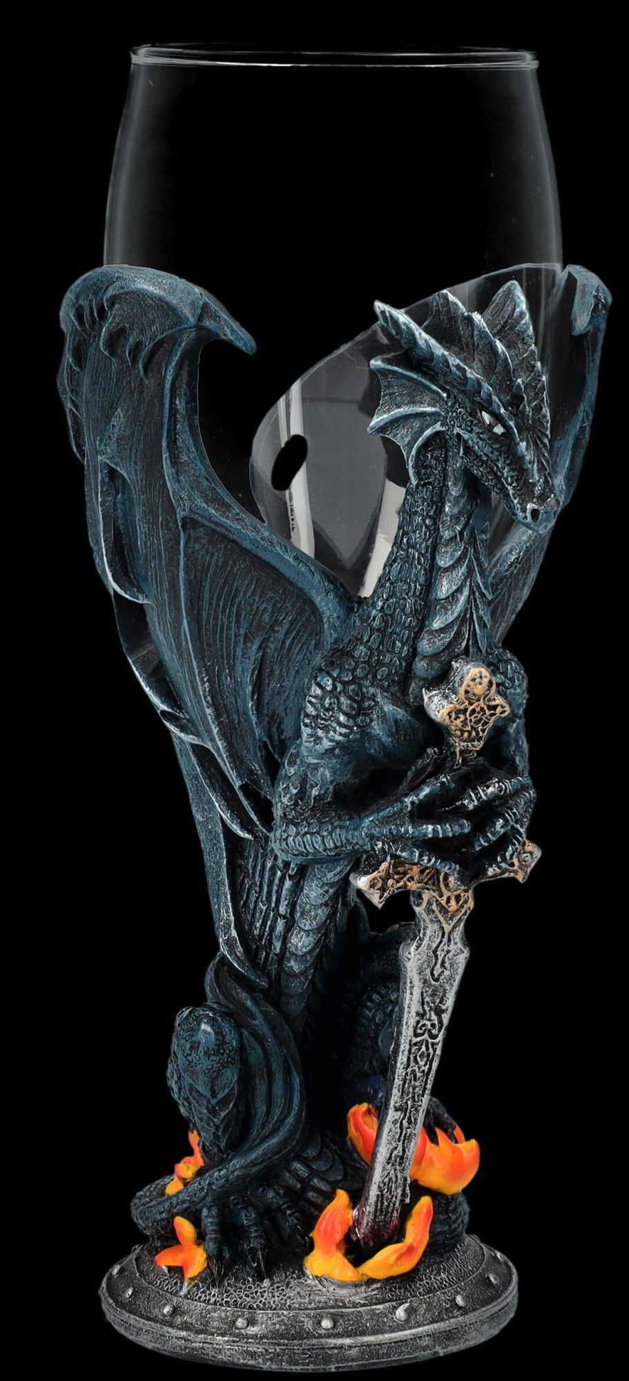 Figuren Shop GmbH Becher Glas Kelch Drache - Fire Blade - Fantasy Dekoration Weinkelch Drachen, Kunststein (Polyresin), Glas