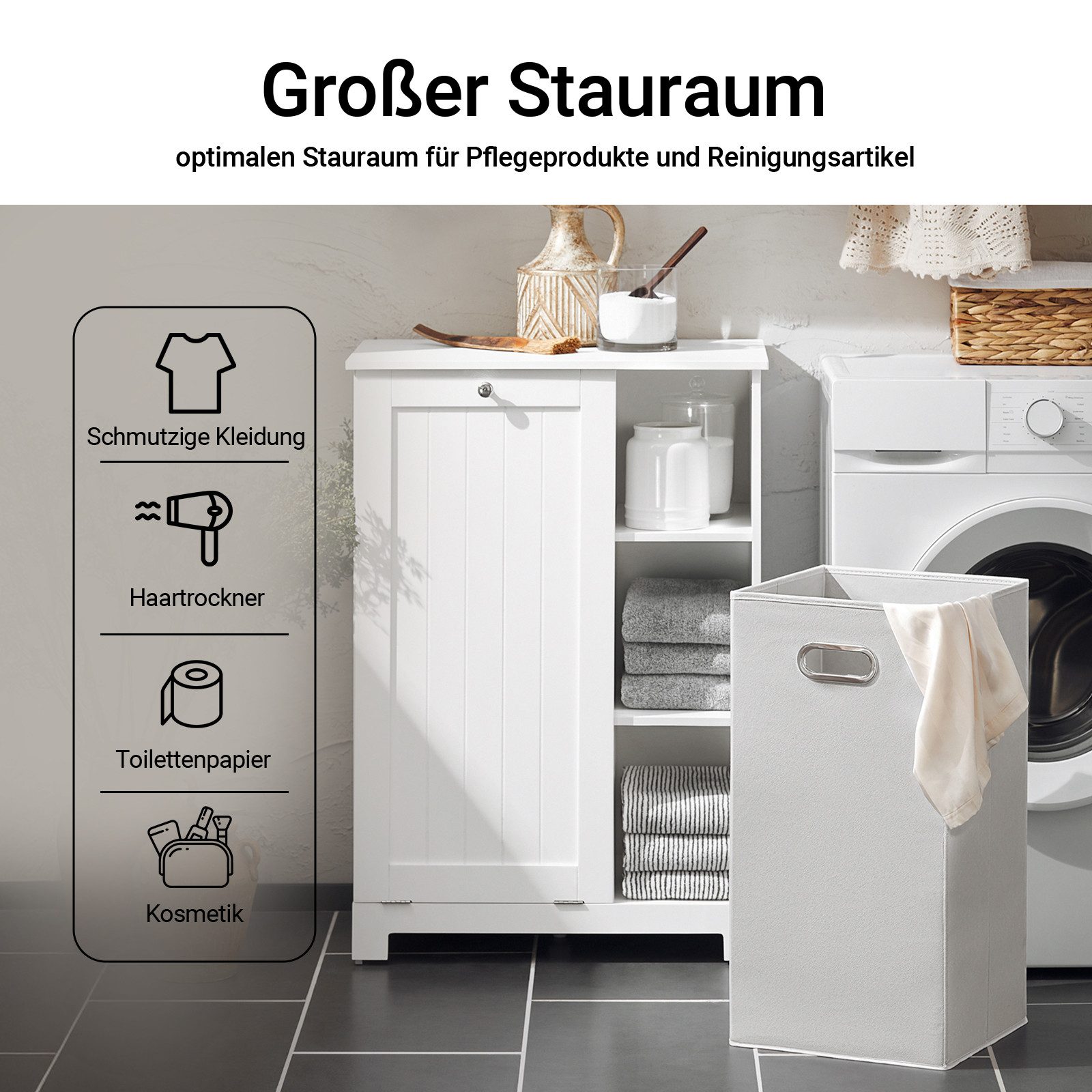 SoBuy Wäscheschrank Badezimmerschrank, Wäschekorb, Badmöbel, Badschrank mit 3 Regale Badschrank mit Wäschesack Wäschetruhe Wäschesammler Wäschekorb Weiß