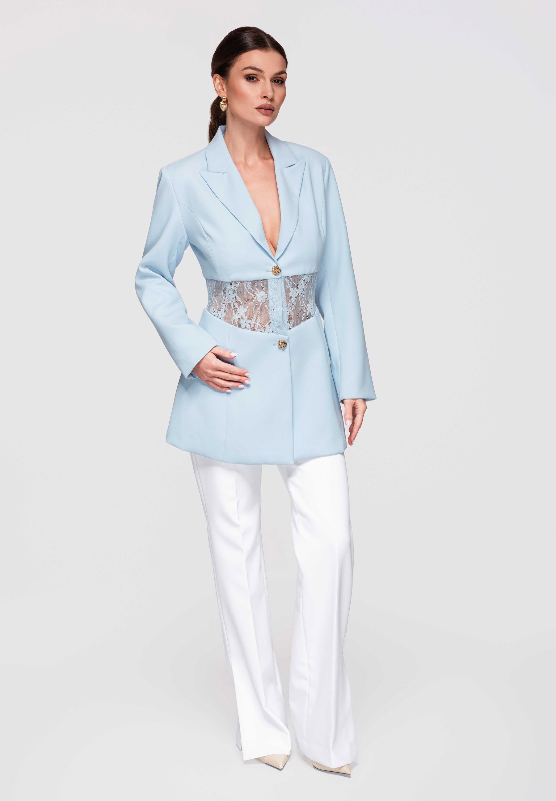 OMBRE Longblazer Damen Blazer Tailliert Spitze Elegant Blau M (kein Set, 1-tlg) Taillierter Schnitt, Koronkowy panel