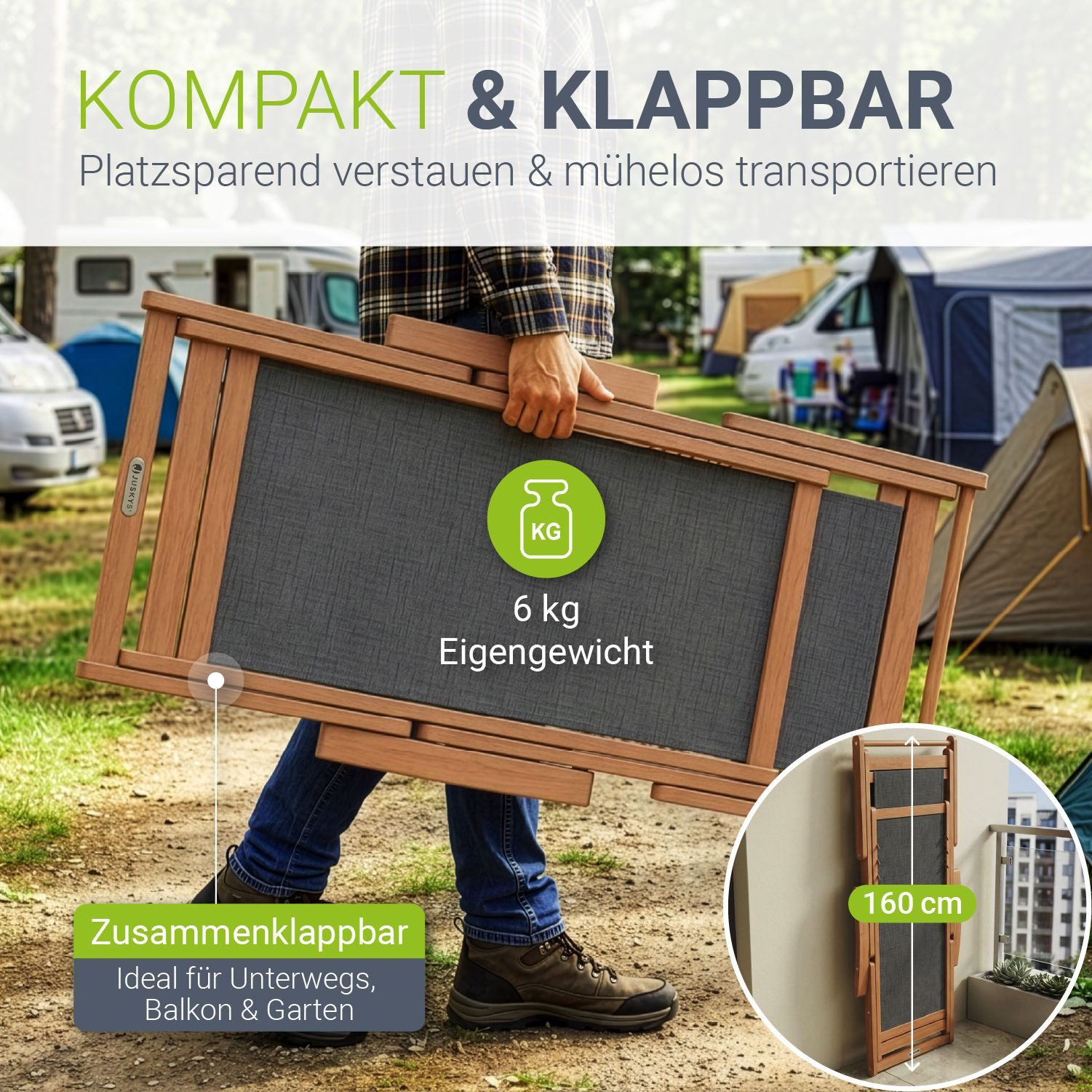 Juskys Gartenliege Tavira, 1er Set, 1 St., Verstellbare Lehne, Klappbar, Abnehmbares Kopfkissen