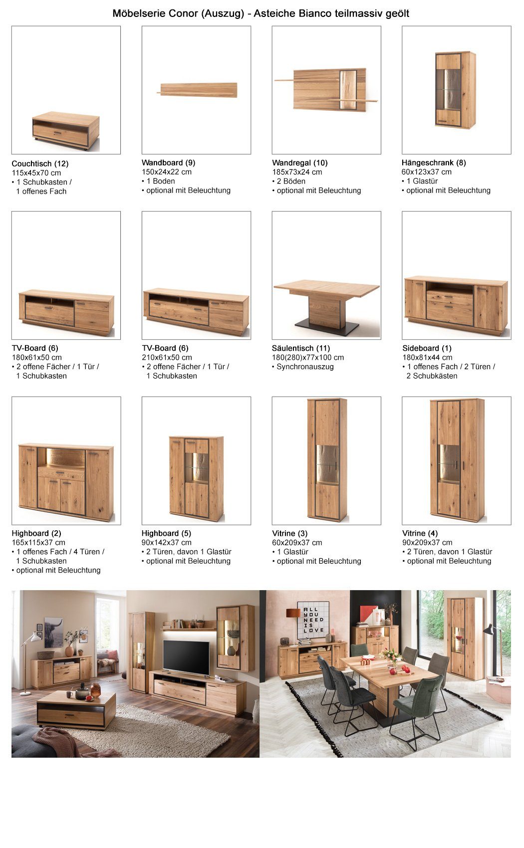 Wohnzimmer-Set Asteiche Synchronauszug Conor teilmassiv Softclose 4-St), (Spar-Set, vormontiert 40, Bianco expendio mit