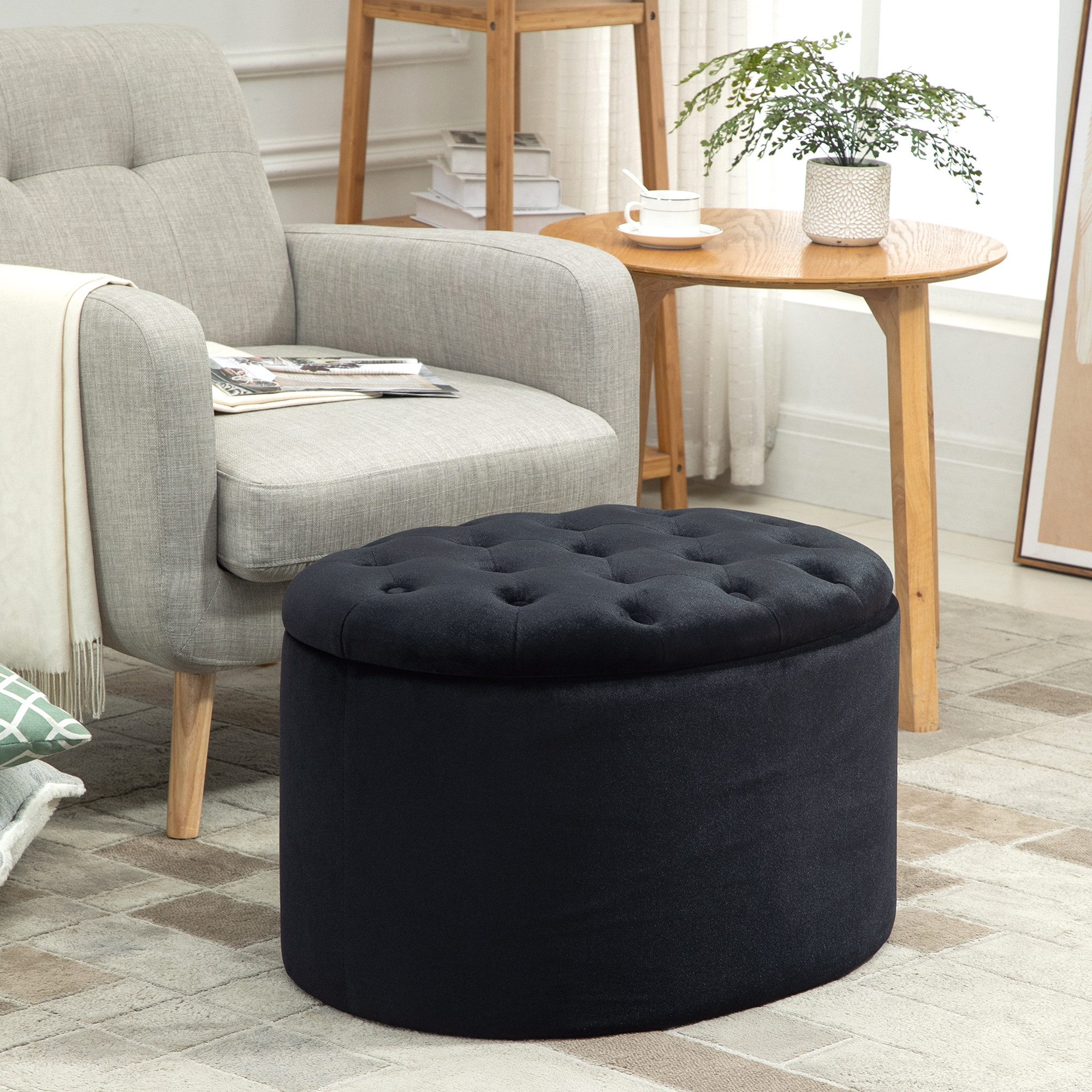 HOMCOM Sitzbank Polsterbank mit Samtoptik, Sitztruhe Ovale Form, Truhenbank (Aufbewahrungsbank, 1-St., Lagerbank), samtartiges Polyester Schwarz 71 x 52 x 42 cm