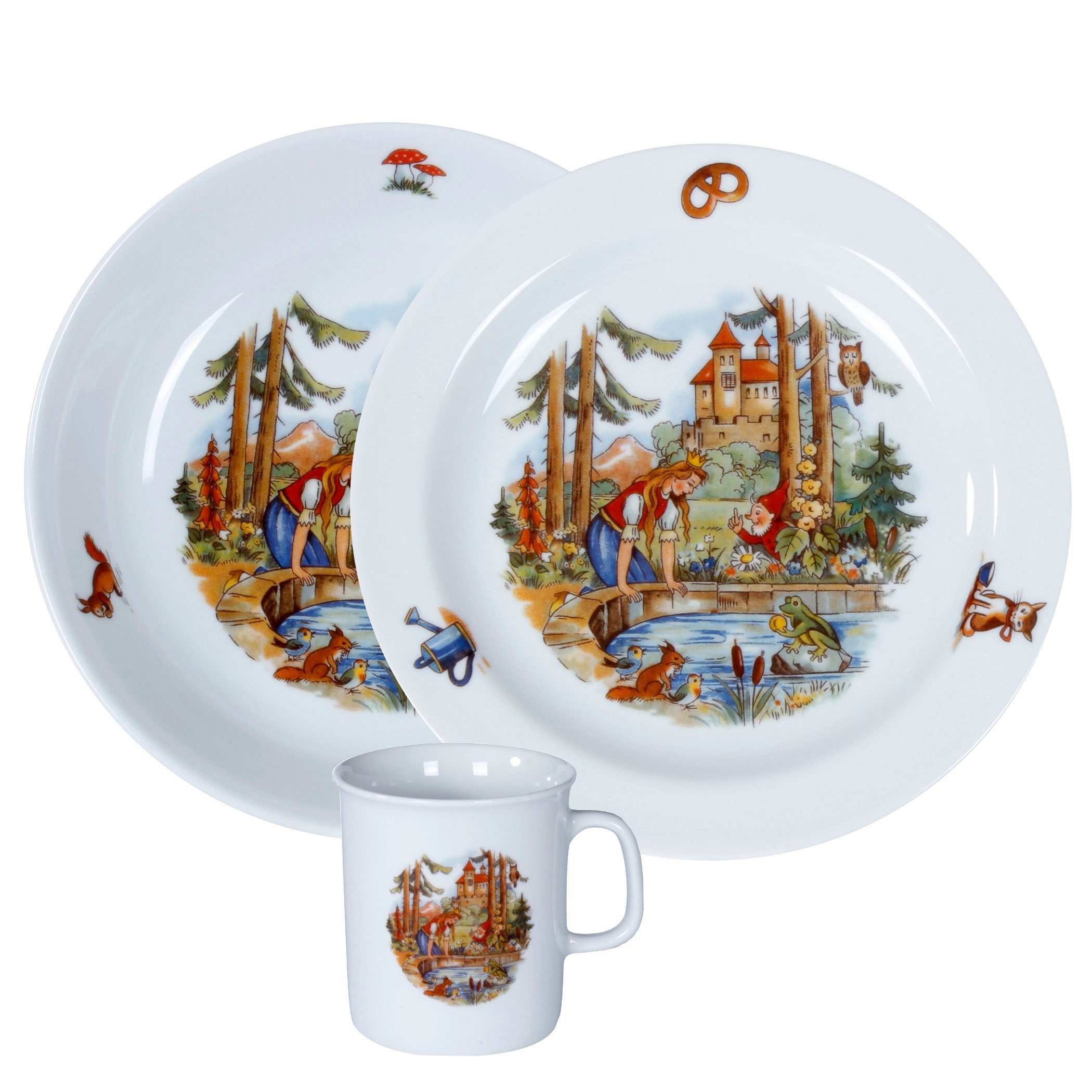 L.E.R.D.93 Детская посуда-Set Kindergedeck 3-tlg. Porzellan Wunderschönes buntes Märchenmotiv "Der Froschkönig" ., Porzellan, Kindergedeck 3-tlg. Porzellan Wunderschönes buntes Märchenmotiv "Der Froschkönig" .