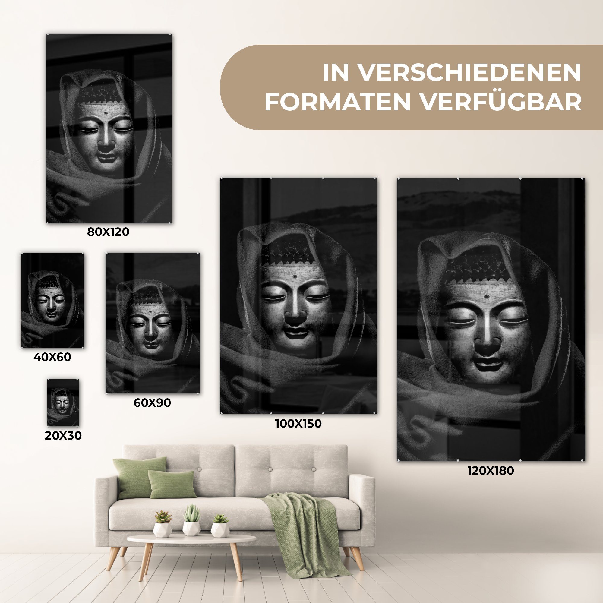 auf einfachen Kopftuch - Glas vor Wandbild - auf eines Bilder Foto bunt Wanddekoration einem MuchoWow Glas (1 Acrylglasbild Hintergrund, St), mit Kupferbuddhas - Kopf Glasbilder