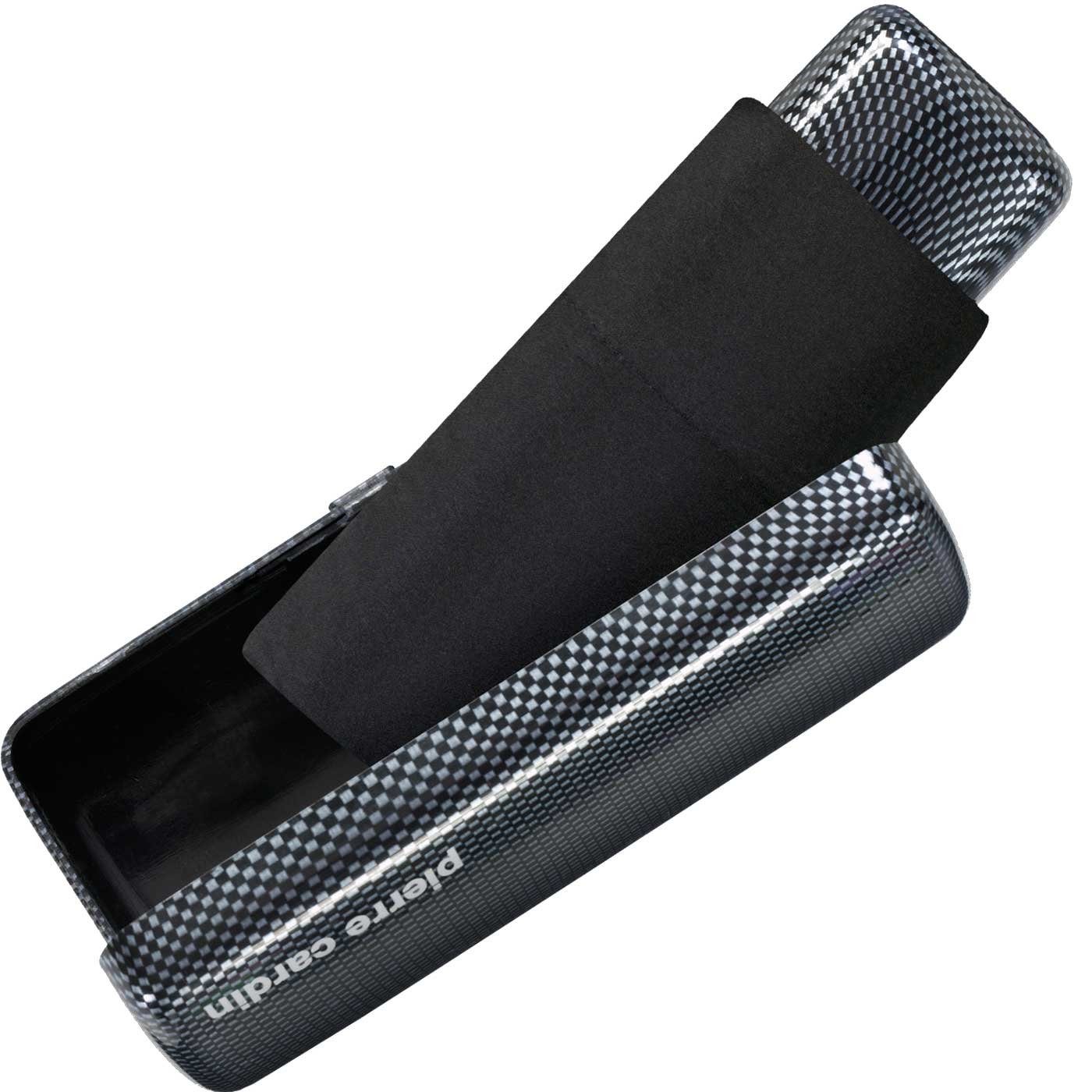 Pierre Cardin Taschenregenschirm leichter Minischirm mit Etui mybrella Noire, mit dem Hard-Case Etui in Carbonoptik besonders edel