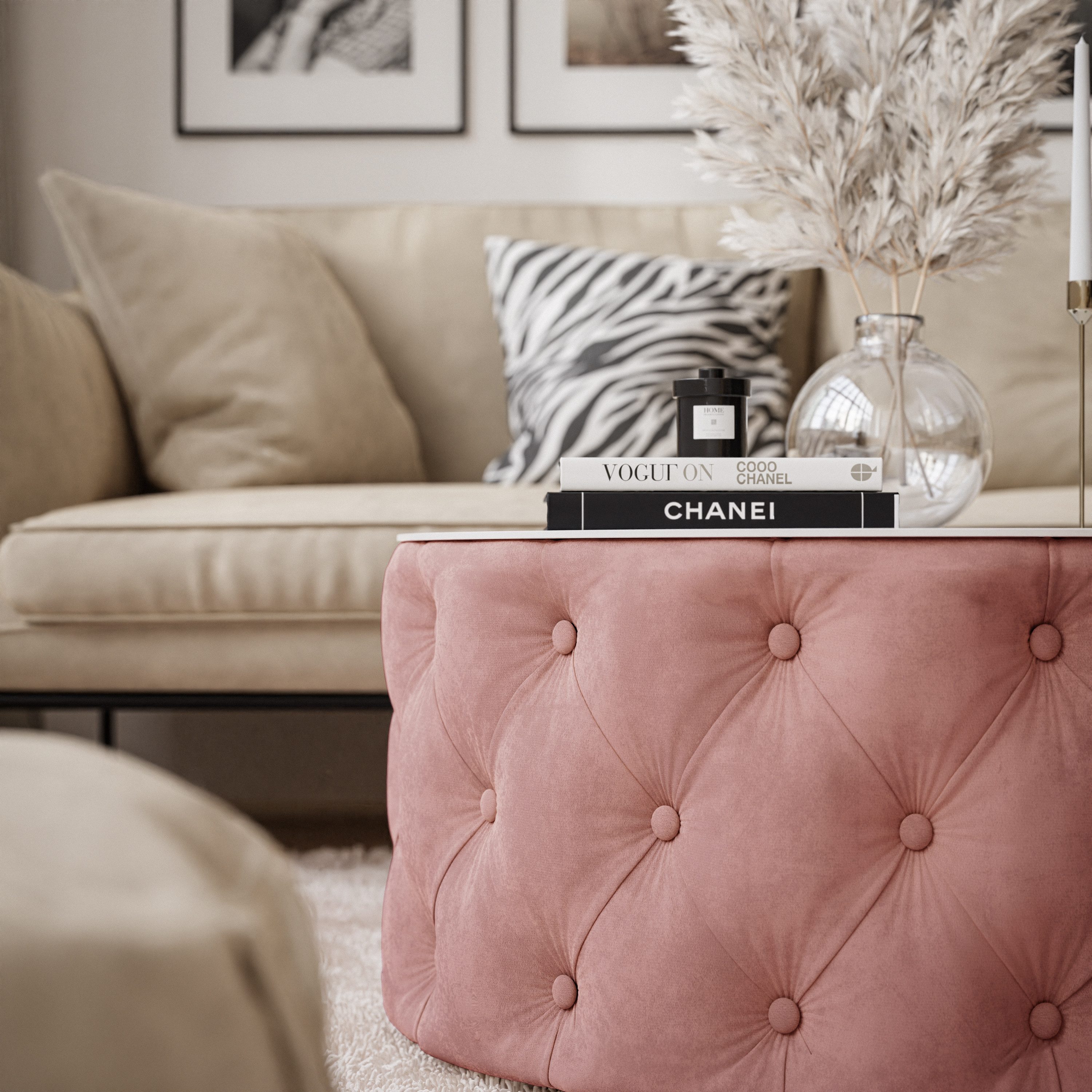 Lookway Couchtisch CHESTERFIELD 70 cm runder gepolsterter couchtisch