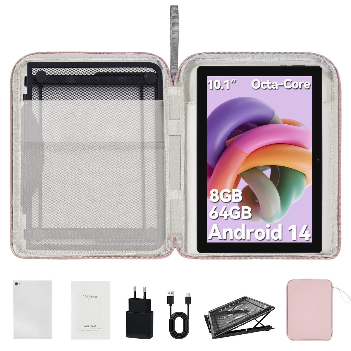 Happybe 10,1'' Android 14, 8(3+5)GB+64GB+1TB TF, 1280x800 HD IPS, Dual-Kamera Tablet (10,1", 64 GB, Android, mit Tasche und Ständer, Octa Core)