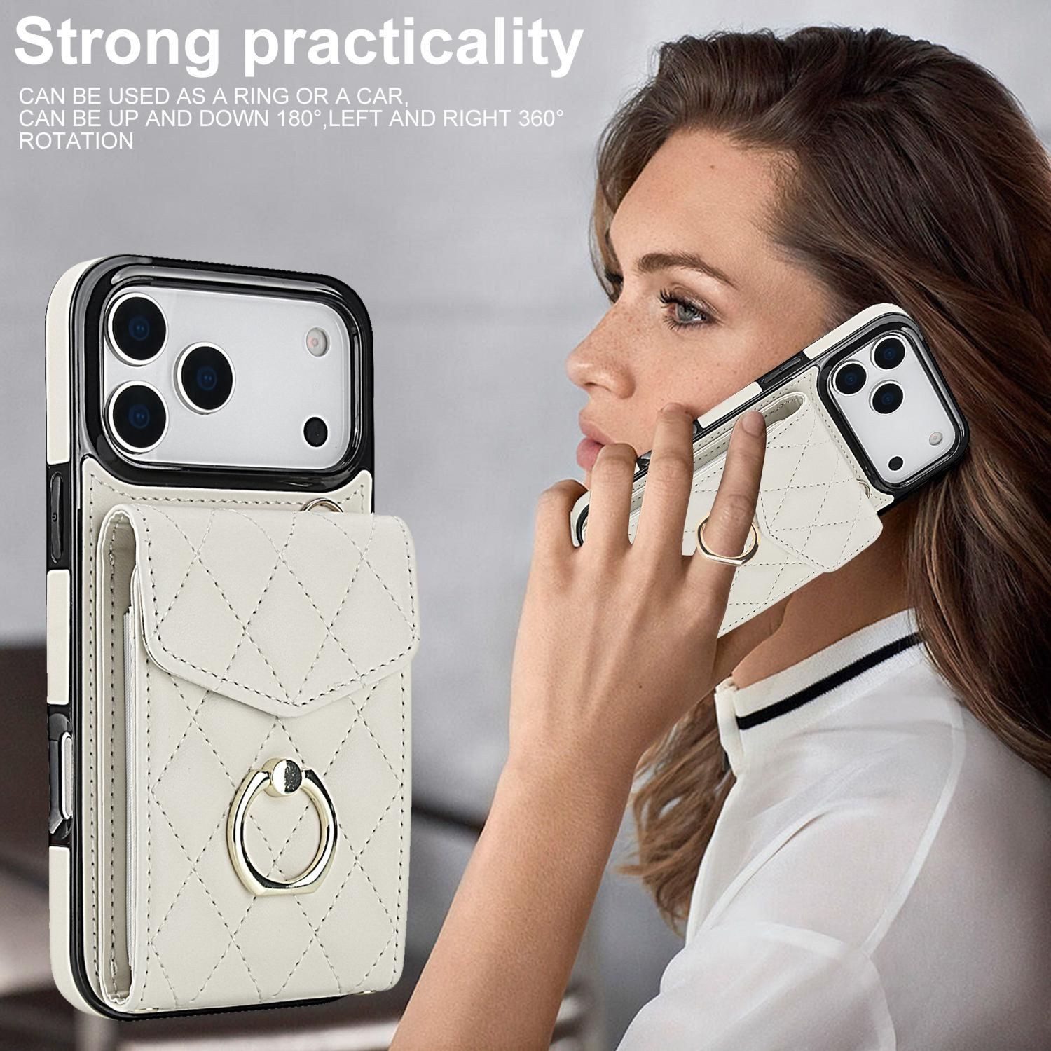Wigento Handyhülle Für Apple iPhone 17 Pro Max Crossbody Kunstleder Rhombic Hülle Weiß, Mit Kartenfächern, RFID-Schutz, Gurt