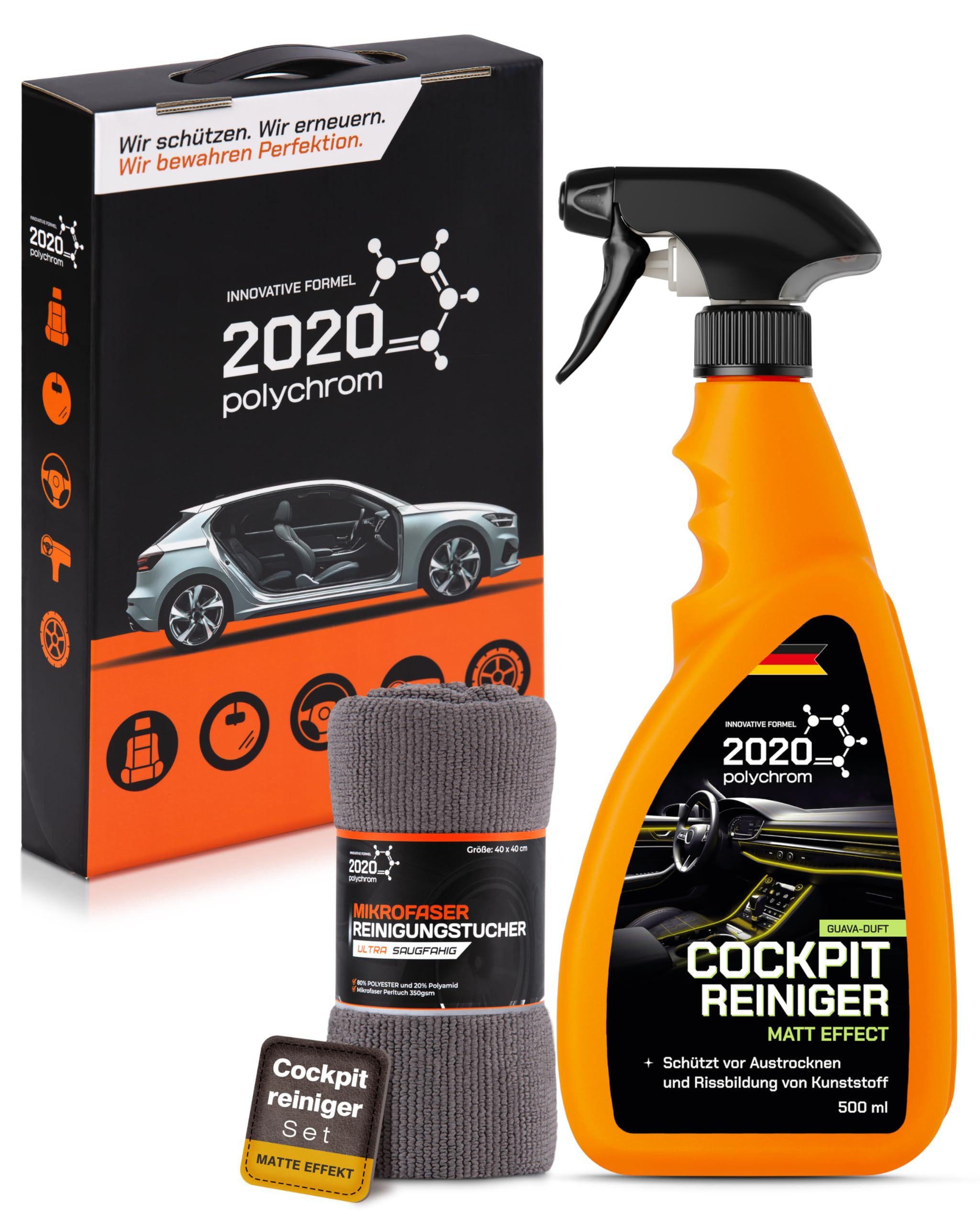 2020 Polychrom Cockpitpflege Auto Set – Cockpitreiniger pH-neutral & Mikrofaser Cockpit-Reiniger (Kunststoffreiniger für Armaturenbrett & Innenraum)