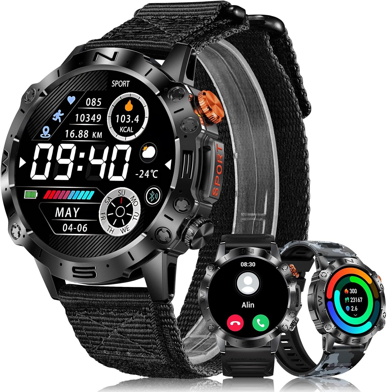 MEGALITH smartwatch men K59 Smartwatch (3,6 cm, android ios), Robuste Herren Smartwatch mit AMOLED Display und 3 Armbändern