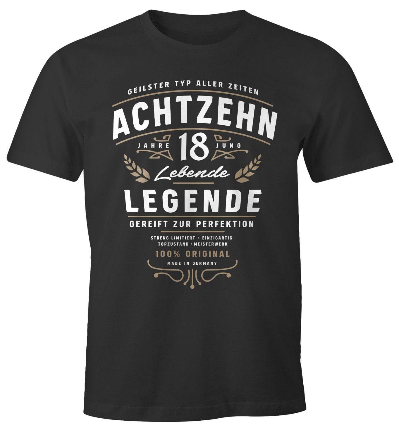 MoonWorks Print-Shirt Herren T-Shirt Geburtstag schwarz Geschenk Achtzehn Print MoonWorks® Lebende mit für Alter Männer Legende