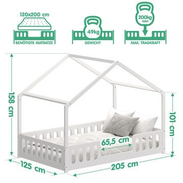 CADANI Kinderbett Janne weiß (inklusive einer Umbauseite), Bodenbett, einfache Montage, Hausbett, integrierter Lattenrost, Montessori