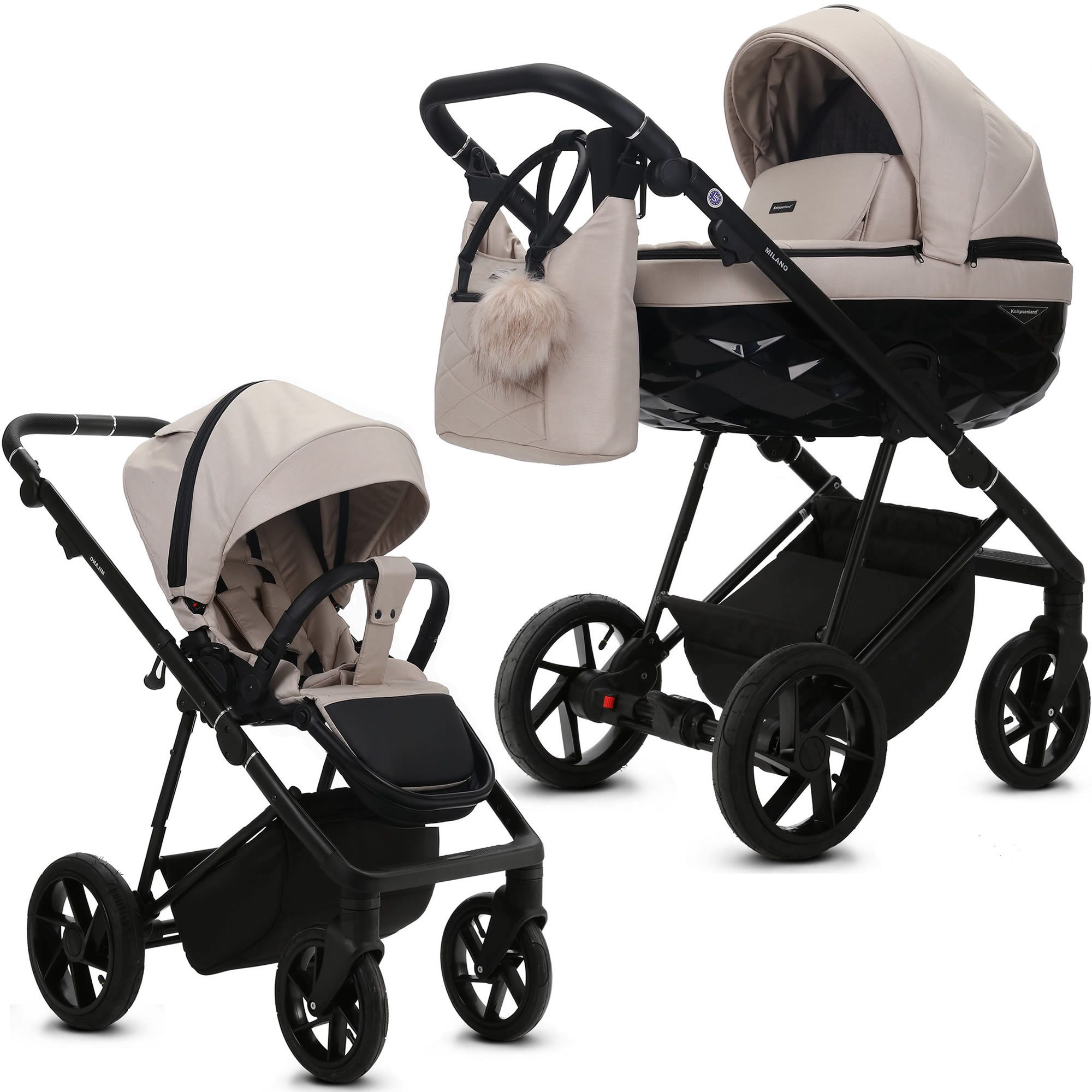 Kombi-Kinderwagen Milano 2in1 Luxus 3D Wanne, Sportsitz, Wickeltasche, viel Zubehör