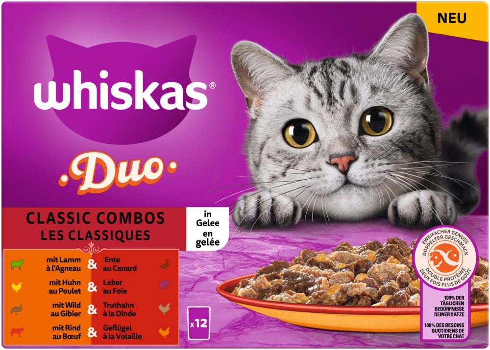Whiskas WHISKAS® Portionsbeutel Multipack DUO Classic Combos in Gelee 12 x 85g, Nassfutter für: Katze