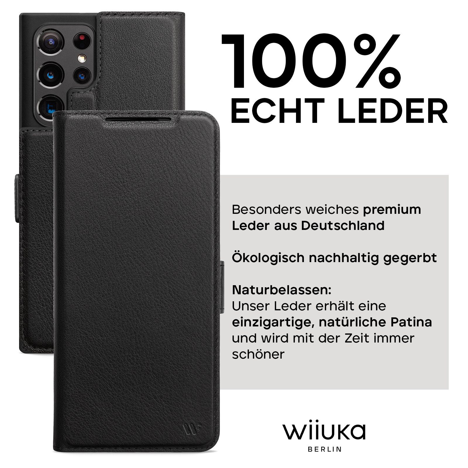 wiiuka Handyhülle suiit Hülle für Samsung Galaxy S23 Ultra, Klapphülle Handgefertigt - Deutsches Leder, Premium Case