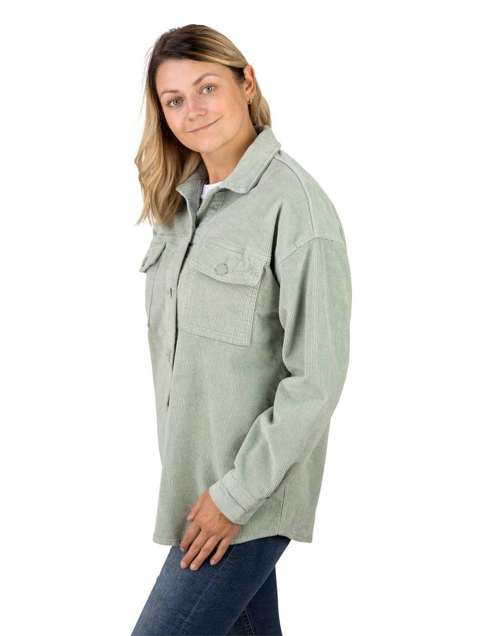 Fit (52202) mit Knopfleiste Damen Oversize Shacket Hemdjacke DENIMFY Hemdbluse Jadeite Green DFSophia