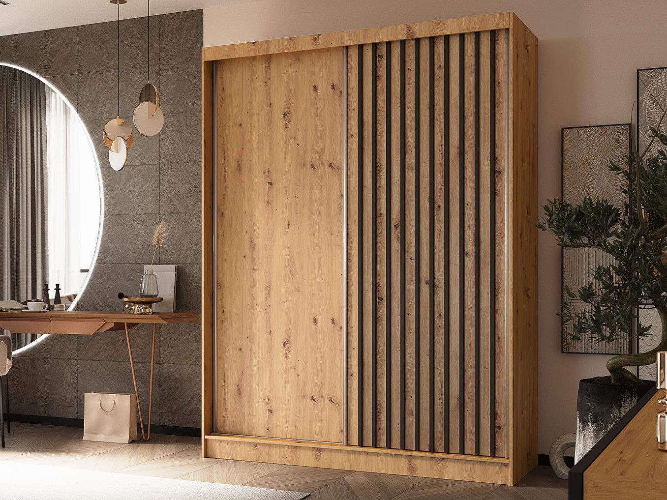 Beautysofa Kleiderschrank Helios mit Schubkasteneinsätzen (Moderner Schwebetürenschrank ohne Spiegel mit Lamellen, Kleiderstange, Einlegeböden und praktischem Stauraum) In verschiedenen Breiten erhältlich