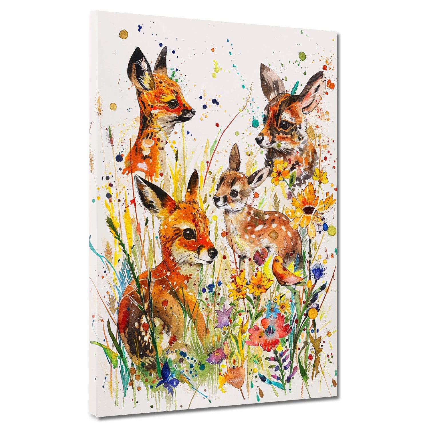 Artedinoi Leinwandbild Rehe im bunten Wald Aquarell Leinwandbild Wandbild XXL Deko, Rehe im bunten Wald