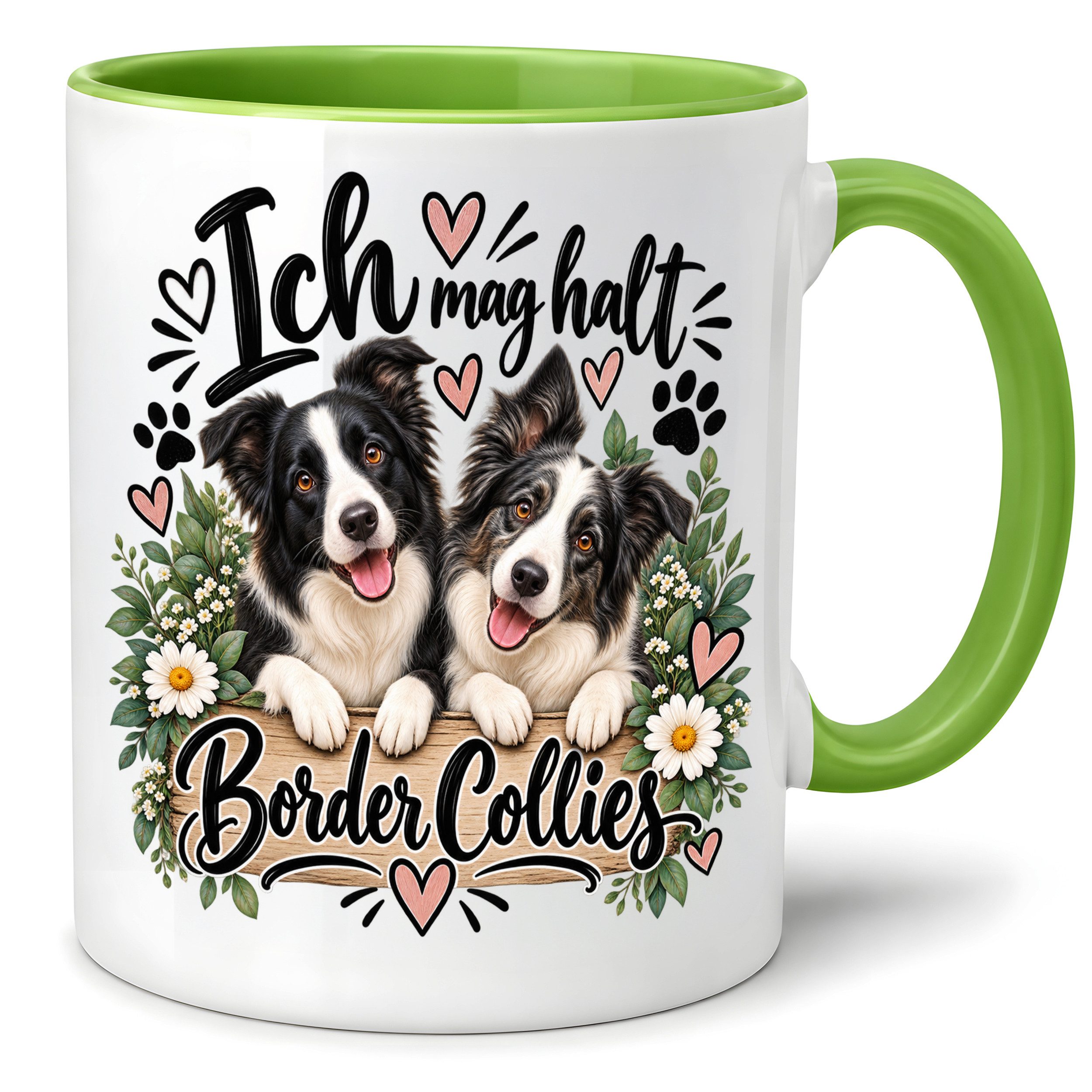 Herzbotschaft Tasse Border Collie – Ich mag halt Border Collies – Geschenk, Farbwahl 330ml, mit Spruch, beidseitig bedruckt, spülmaschinenfest mikrowellengeeignet