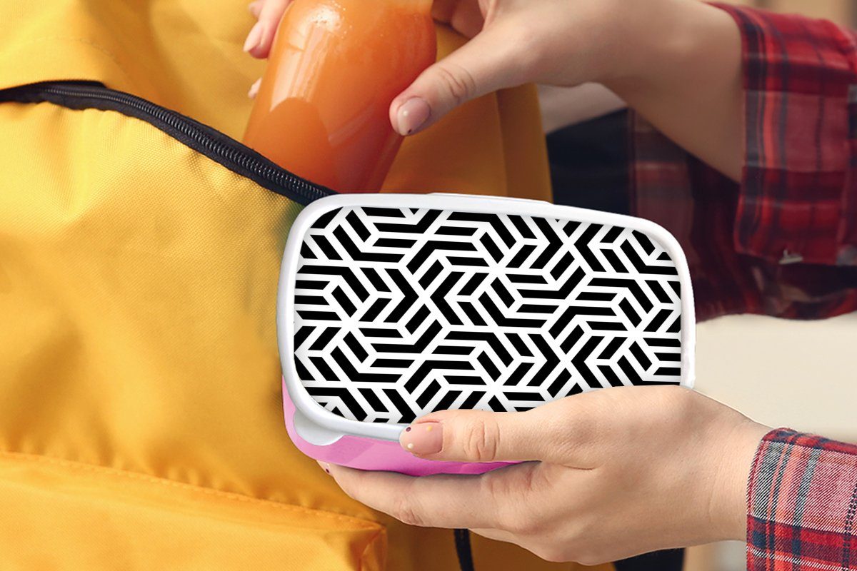 Brotbox Muster Brotdose Kinder, (2-tlg), Schwarz Kunststoff rosa Lunchbox Erwachsene, Snackbox, - Kunststoff, Mädchen, Weiß, für - Design MuchoWow - Geometrie -