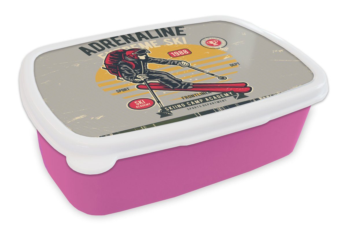 MuchoWow Lunchbox Ski - Grau - Vintage, Kunststoff, (2-tlg), Brotbox für Erwachsene, Brotdose Kinder, Snackbox, Mädchen, Kunststoff rosa