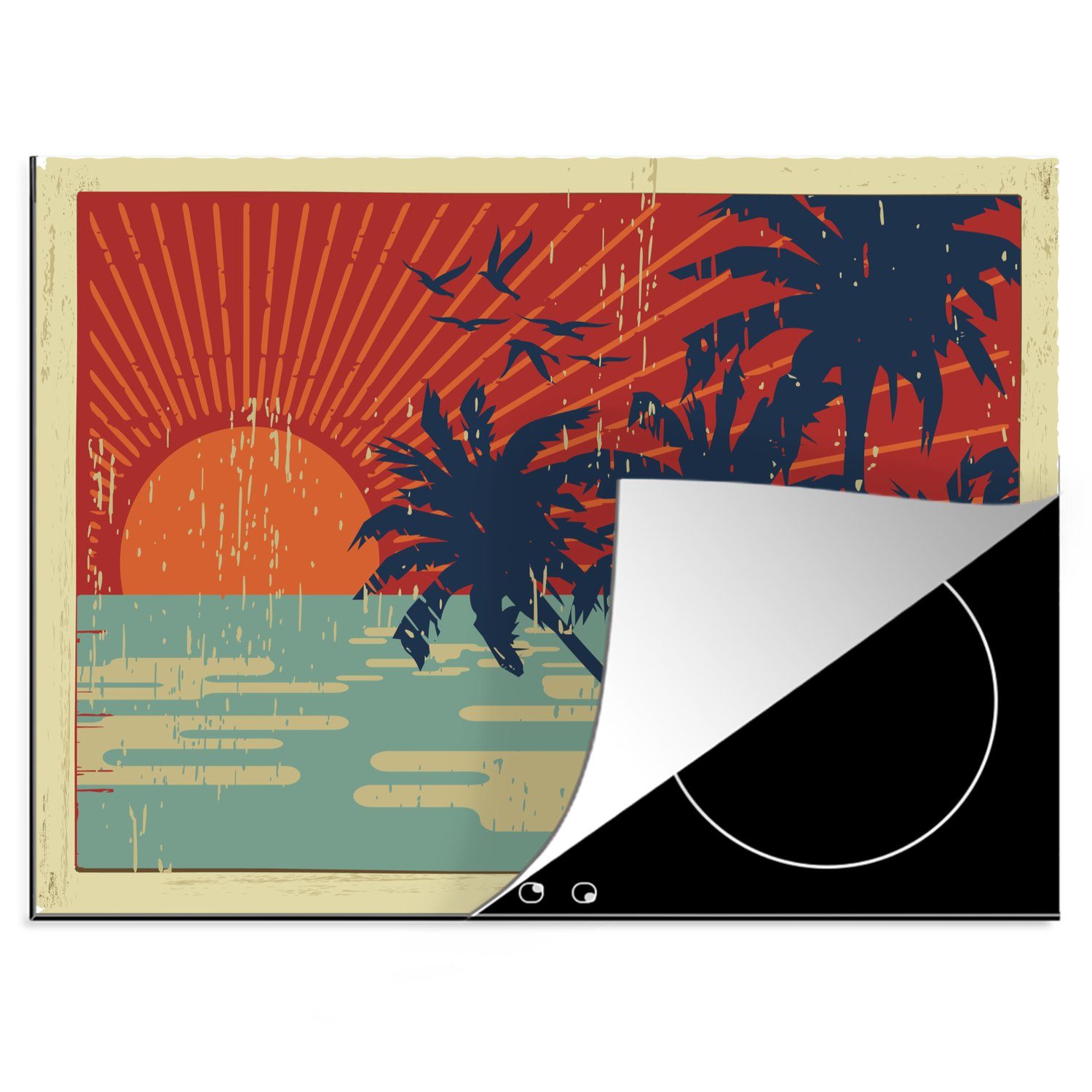MuchoWow Herdblende-/Abdeckplatte Illustration einer tropischen Postkarte, Vinyl, (1 tlg), 70x52 cm, Mobile Arbeitsfläche nutzbar, Ceranfeldabdeckung