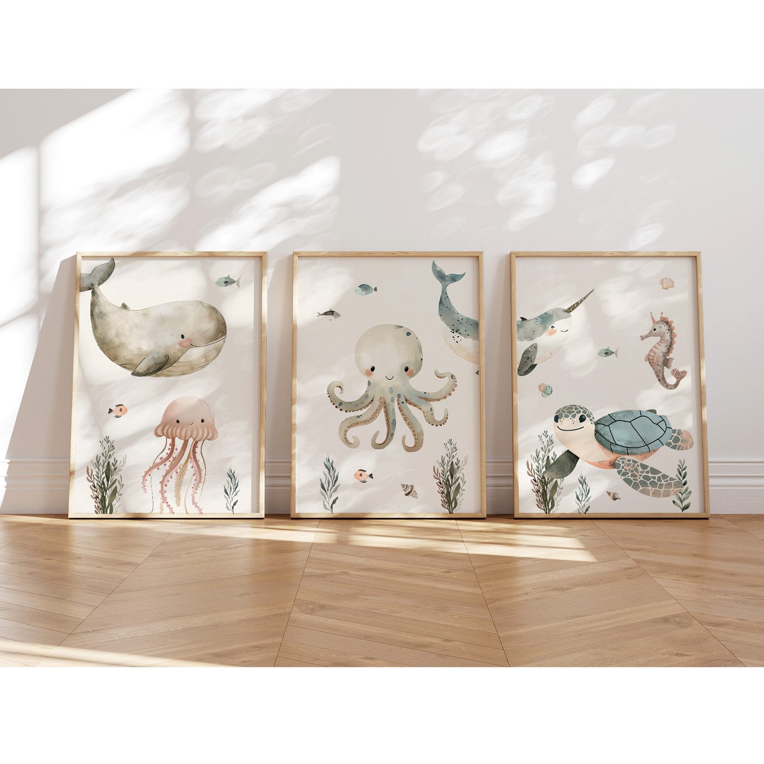 MeinBaby123® Poster Kinderzimmer Meerestiere,  Kinderzimmer Deko, Kinderzimmer Bilder, Unterwasserwelt, süßer Wal, Schildkröte, Qualle