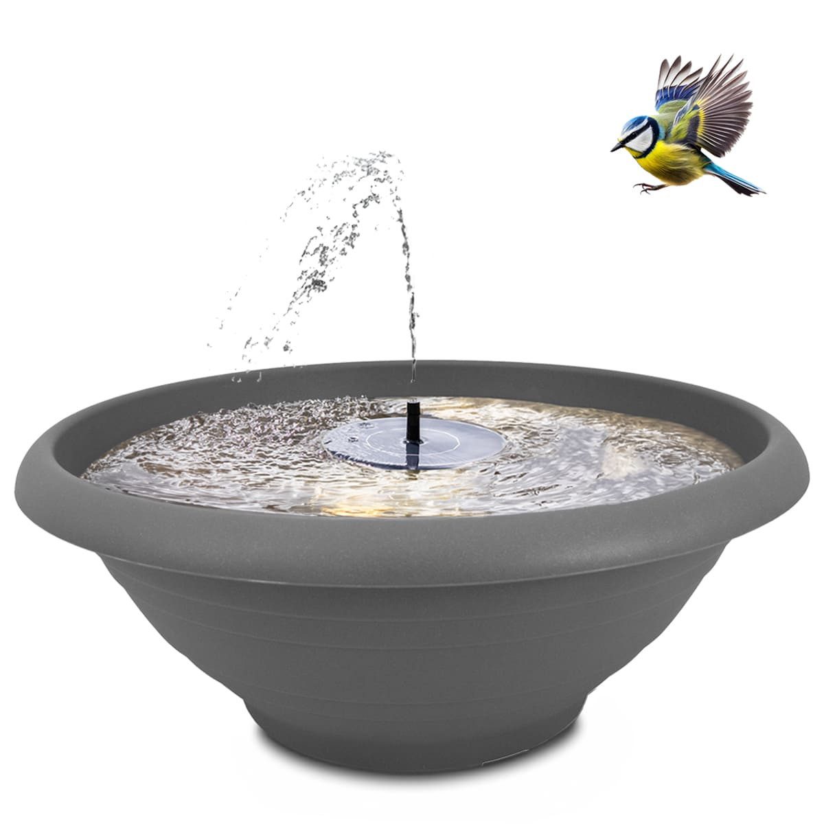 matches21 HOME & HOBBY Wasserspiel Solar-Brunnen Set für draußen - große 50 cm Schale grau, (1 tlg), Wasser-Fontäne als Solar Spring-Brunnen Garten-Deko Vogeltränke