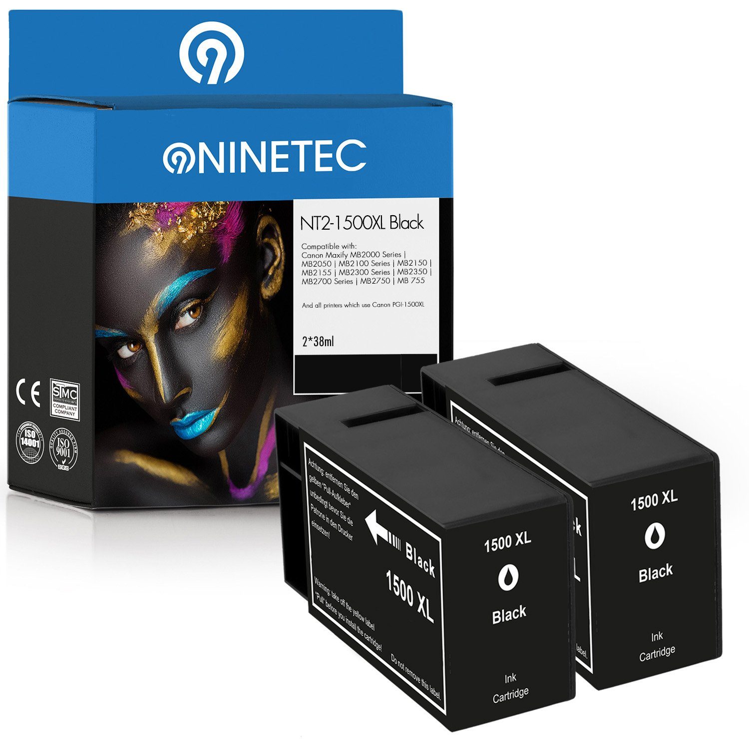 NINETEC 2er Set ersetzt Canon PGI-1500 PGI1500 Black Tintenpatrone