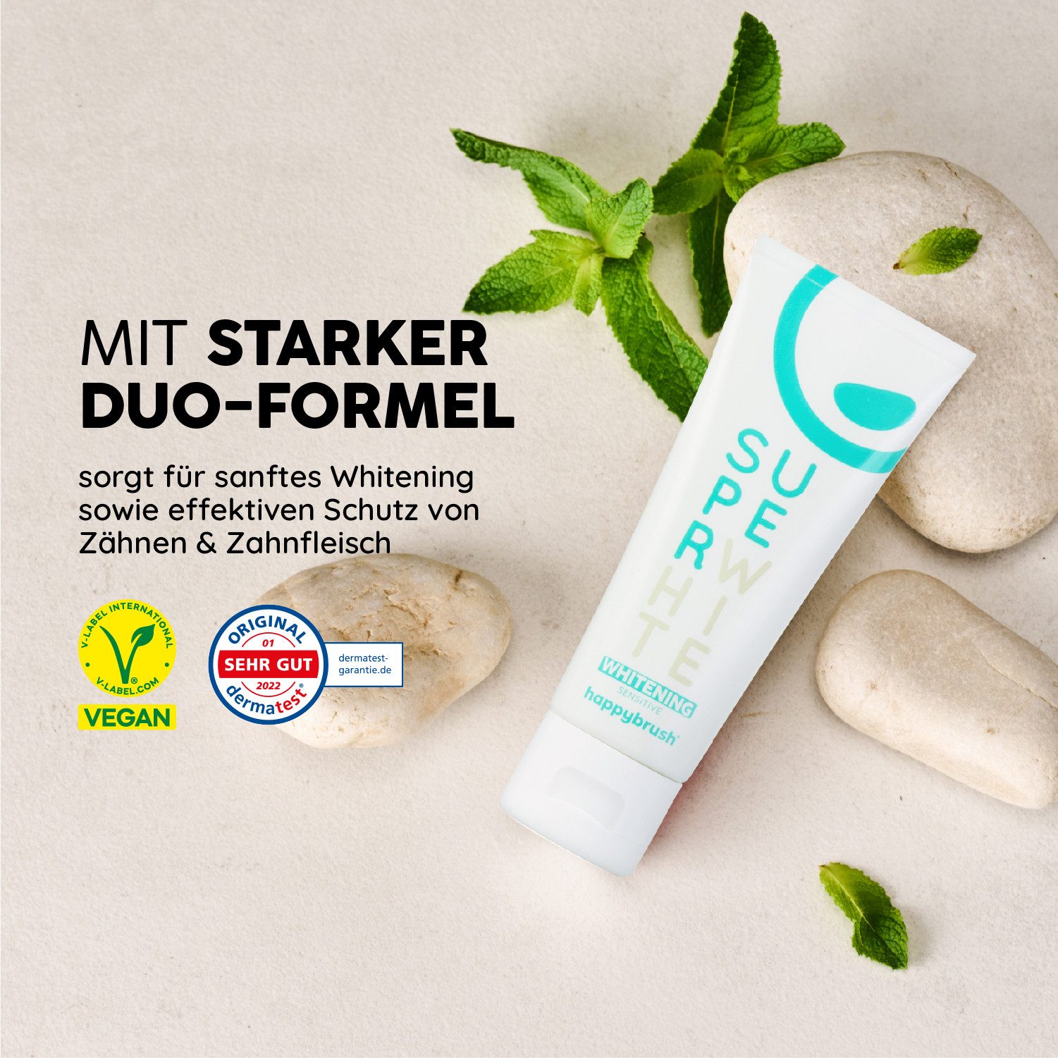 happybrush Zahnpasta SuperWhite+Protect - für weiße Zähne & zur Zahnaufhellung - 4er Pack, (Spar-Set) Ohne Mikroplastik, vegan, nachhaltig