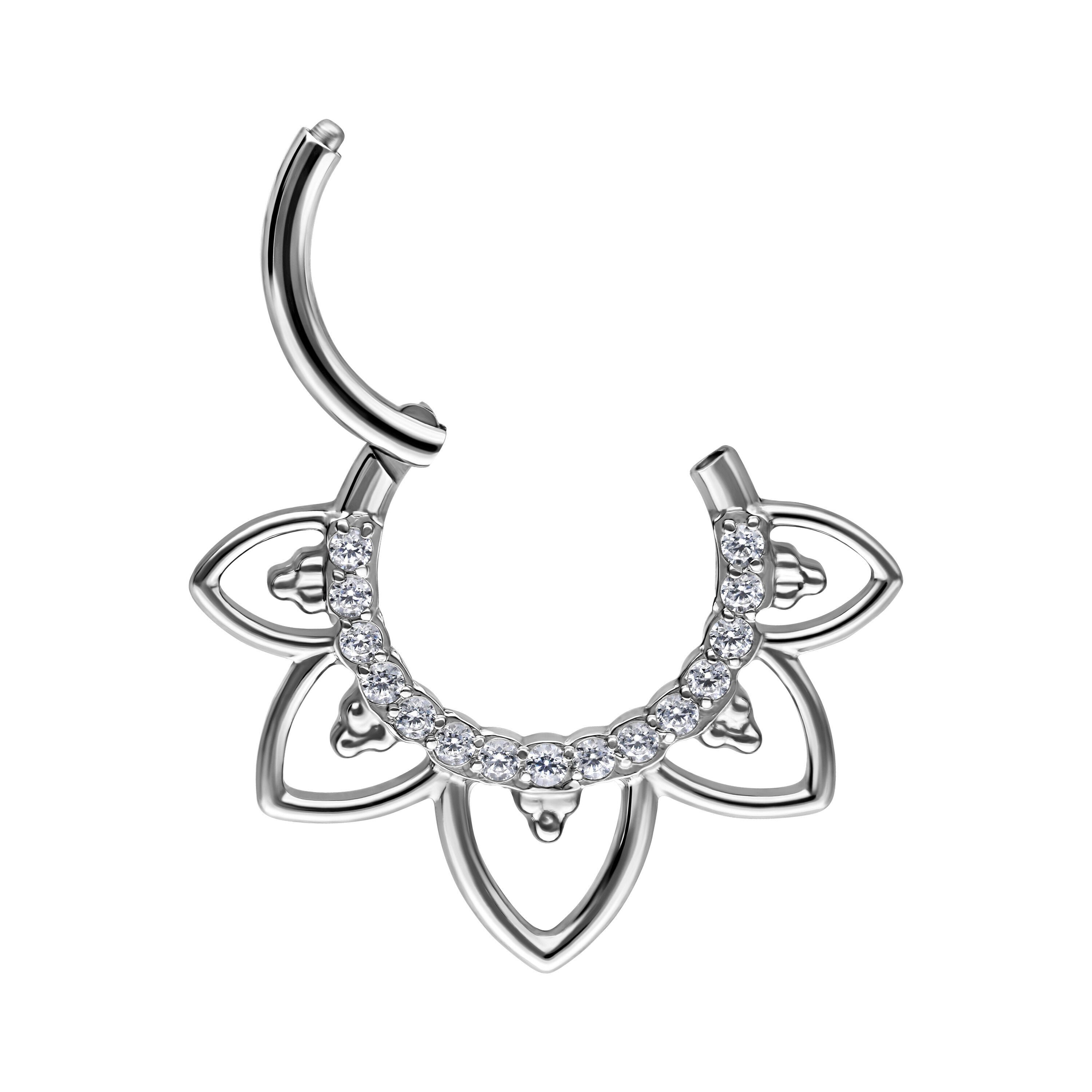 Wildcat Nasenpiercing Flower Lines Crystal Septum Clicker für Ohr, Nase, 1 Stück, Chirurgenstahl 316L - wasserfest, hautverträglich, Silber