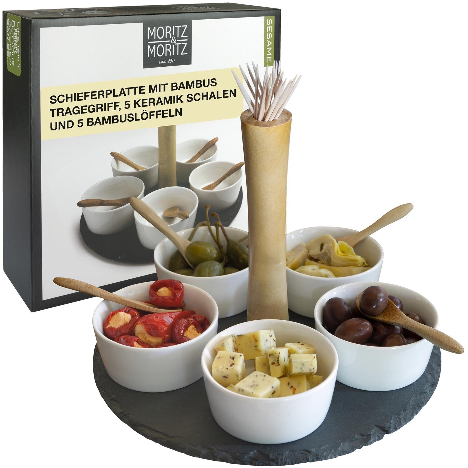 Moritz & Moritz Servierplatte Weiße Dipschalen Set mit Schieferplatte - Sesame, Keramik, (Set, 11-tlg., 11- teiliges Set), Hochwertiges Keramik