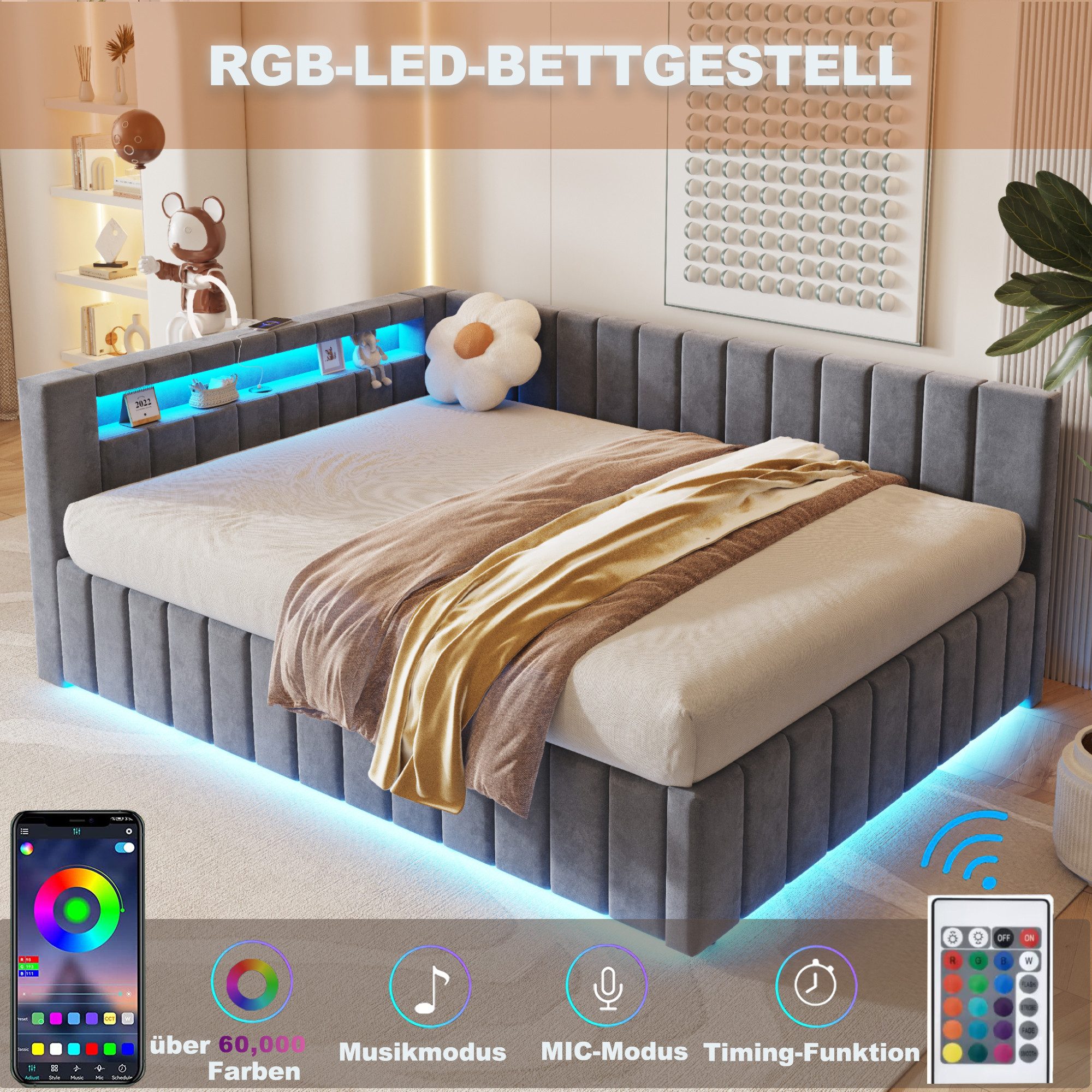 Merax Daybett 140x200 cm mit hydraulischem Stauraum (1 tlg), Polsterbett Tagesbett Schlafsofa mit LED, USB & Rückenlehne, Samt – Bild 5 von 5