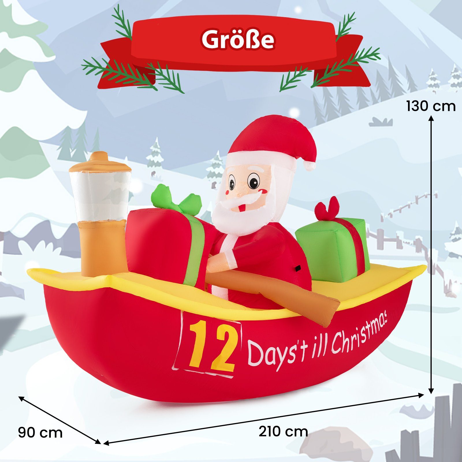 COSTWAY Weihnachtsmann, LED Ruderboot Countdown Deko im aufblasbar