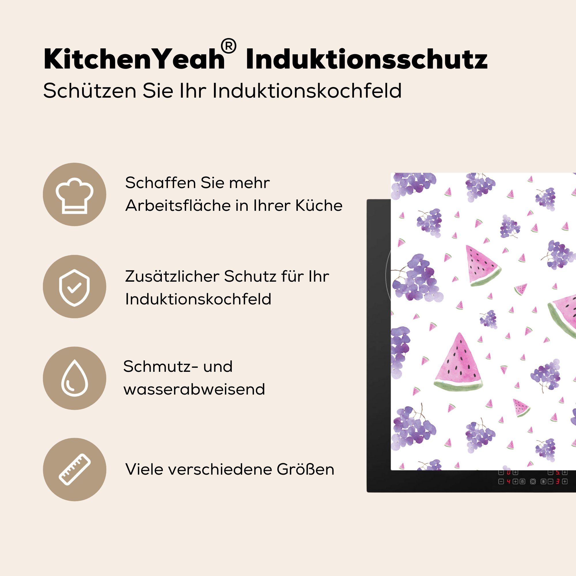 - für Wassermelone küche, Weintrauben tlg), Vinyl, 81x52 Schutz (1 - Pastell, Herdblende-/Abdeckplatte MuchoWow cm, die Induktionskochfeld Ceranfeldabdeckung